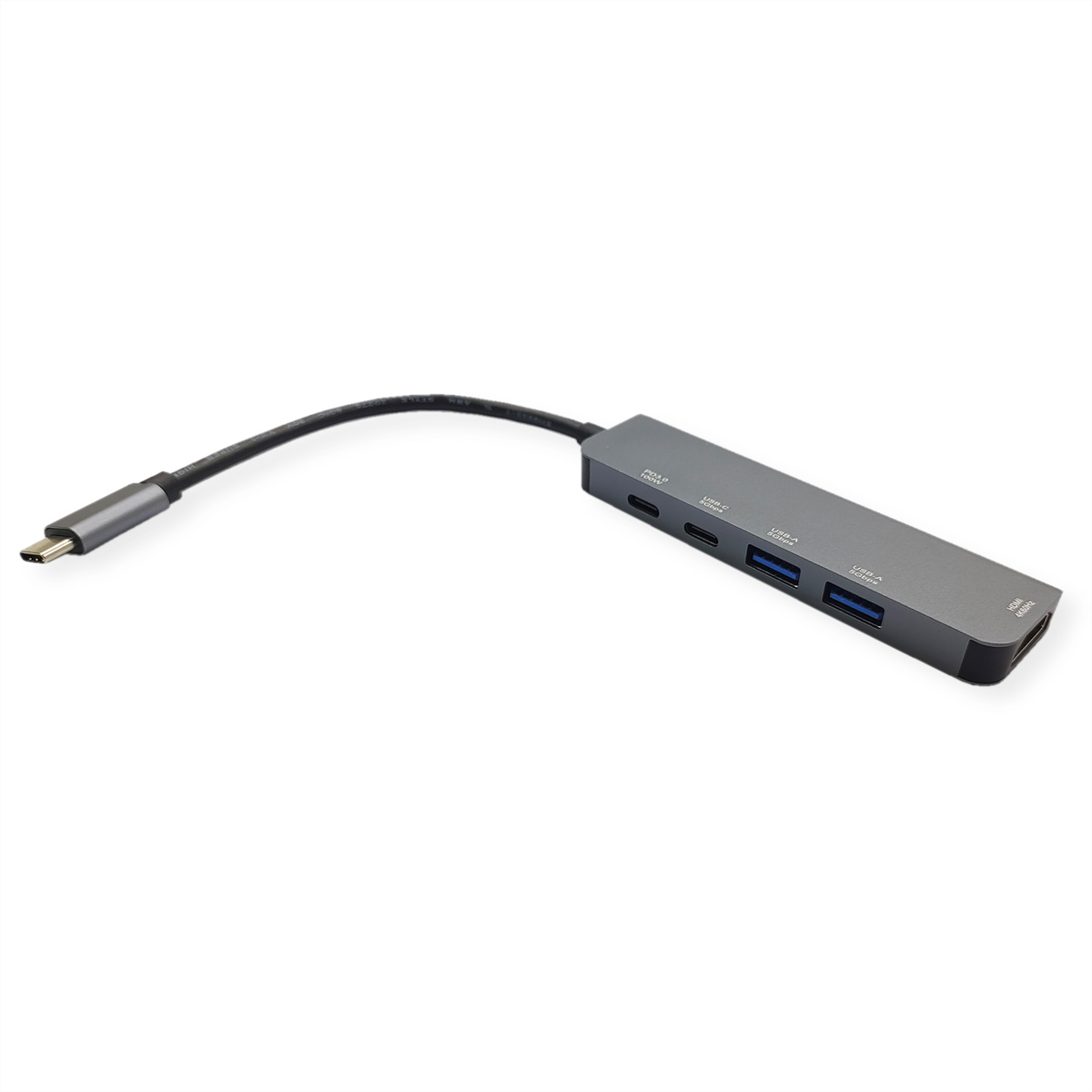 Un hub USB-C gris avec plusieurs ports, connecté à un câble USB-C.