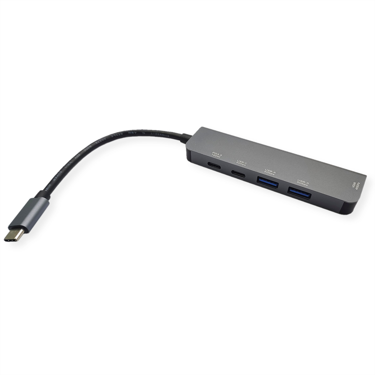 Un hub USB-C avec divers ports, dont USB-A et USB-C, sur fond blanc.
