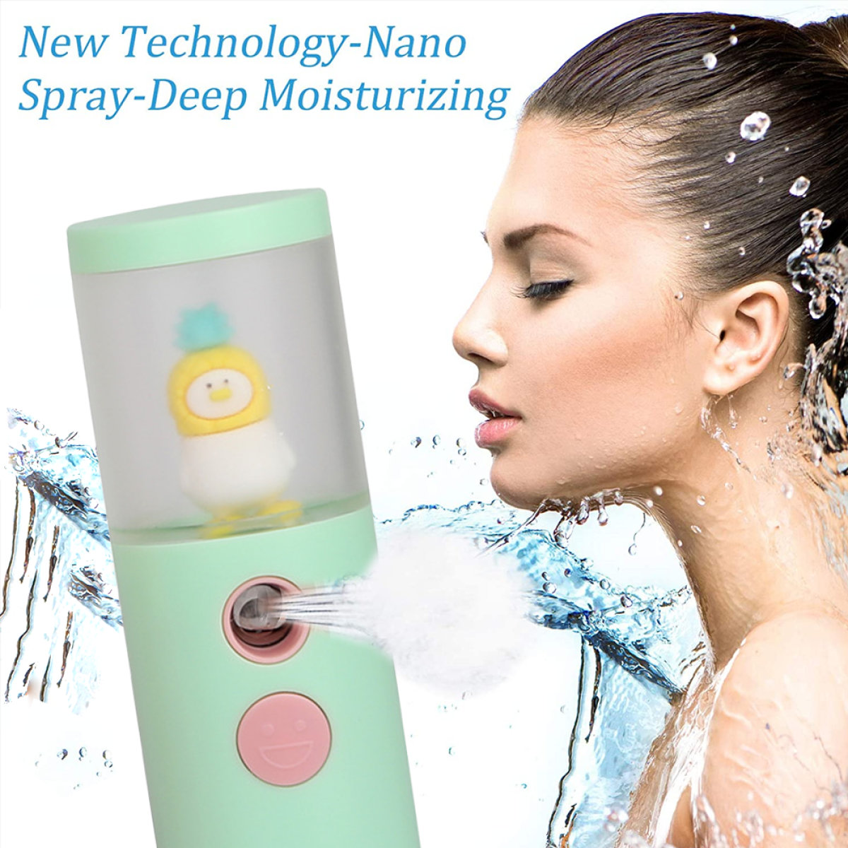 Eine Frau benutzt einen Gesichtsdampfer. Eine kleine Entenfigur ist drin. Text: 'New Technology'.