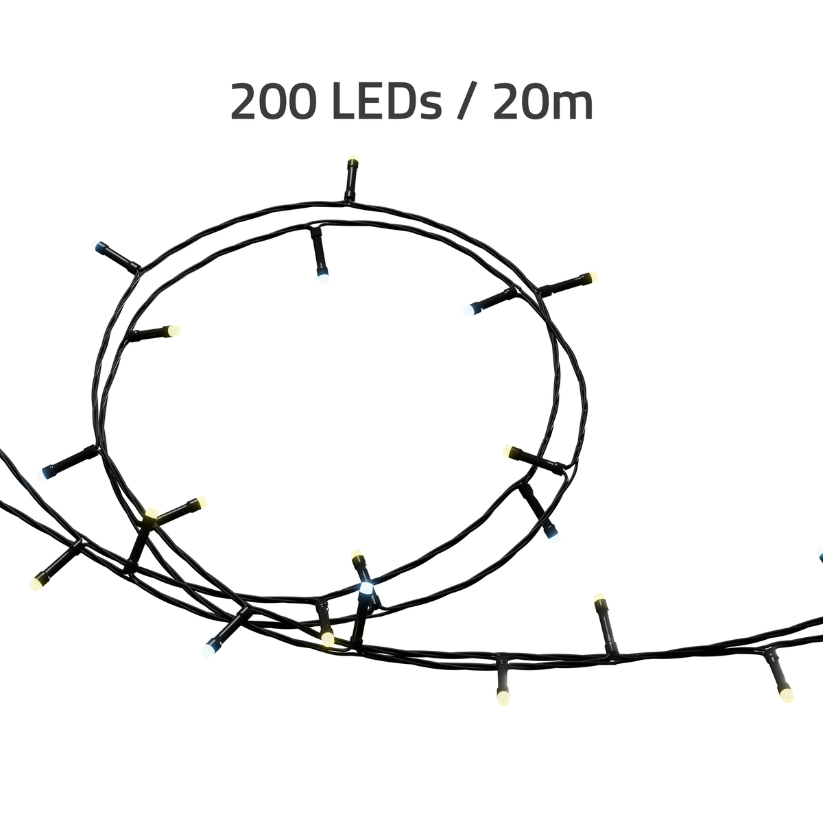 Lichterkette mit 200 LEDs, schwarzes Kabel, auf weißem Hintergrund, Text: 200 LEDs/20m.