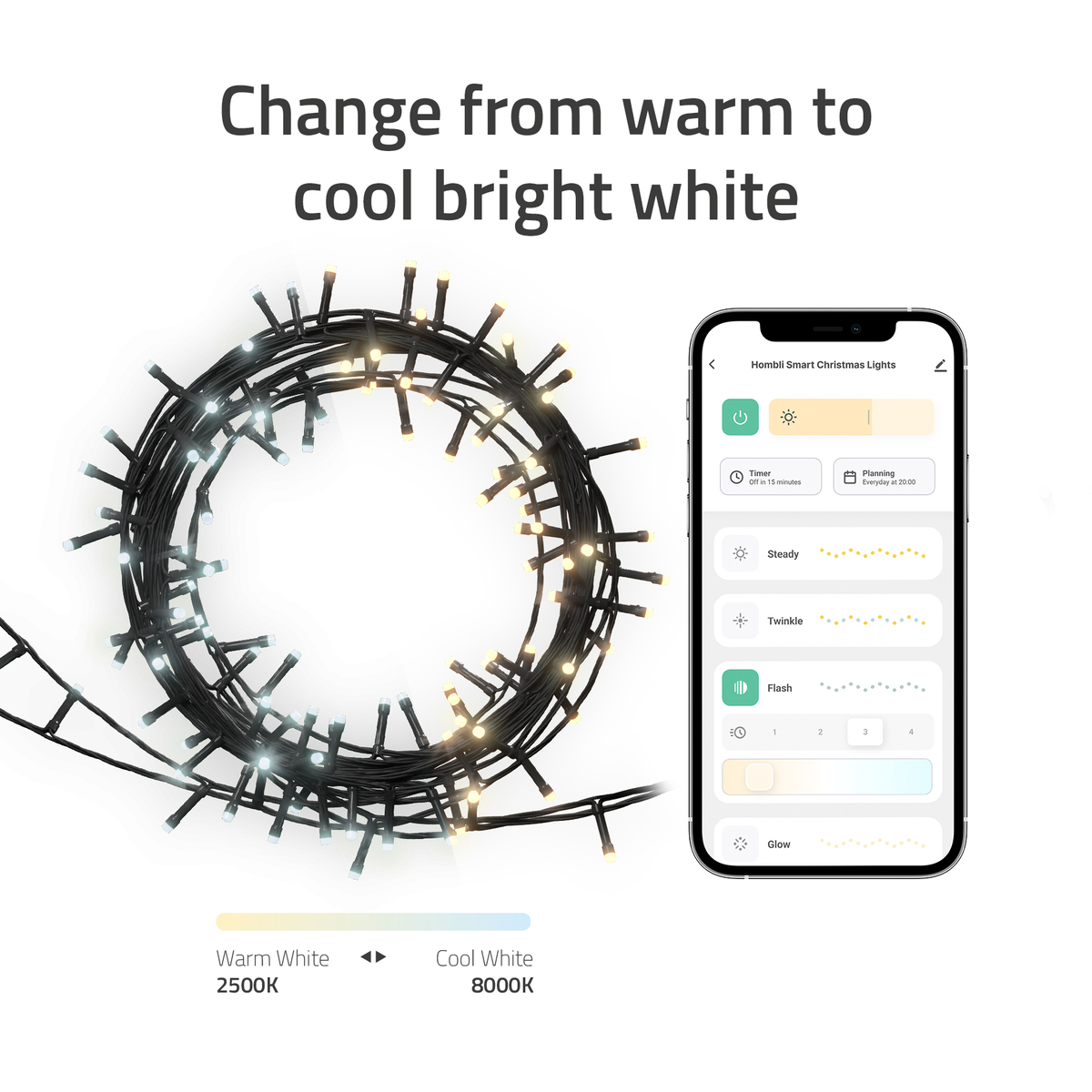 Smarte Weihnachtslichter. Display zeigt warm- und kaltweiße Optionen und App-Steuerung.