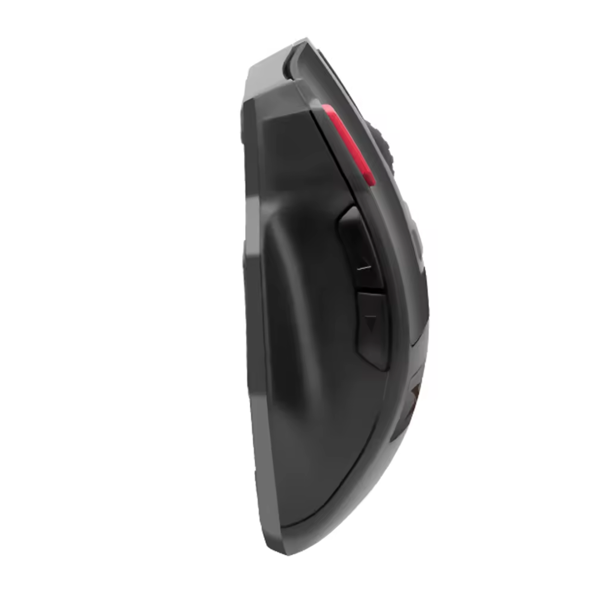 Ratón gaming negro, vista lateral, con acento rojo y botones. Fondo blanco.