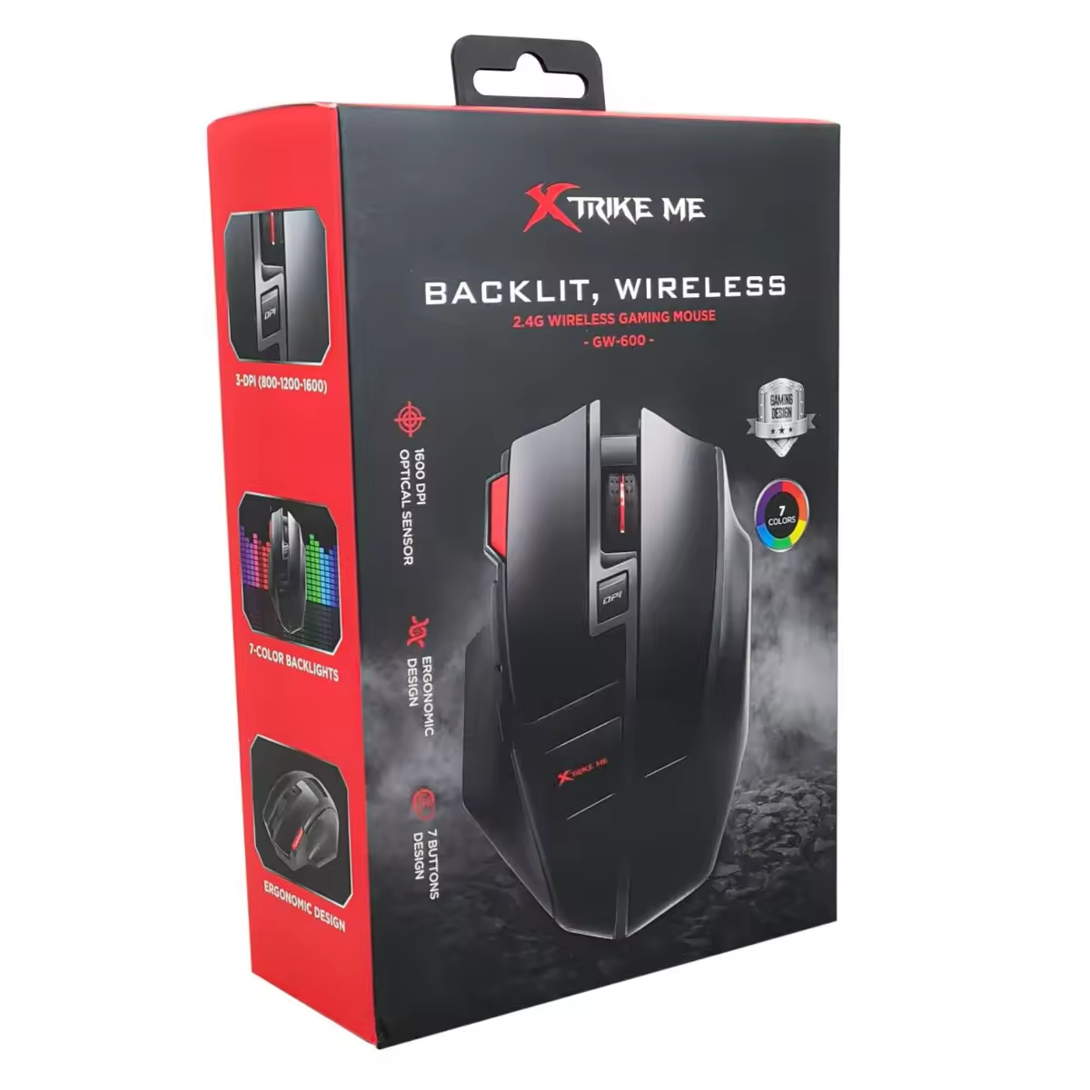 Ratón gaming en su caja, negro con detalles rojos, inalámbrico y retroiluminado.