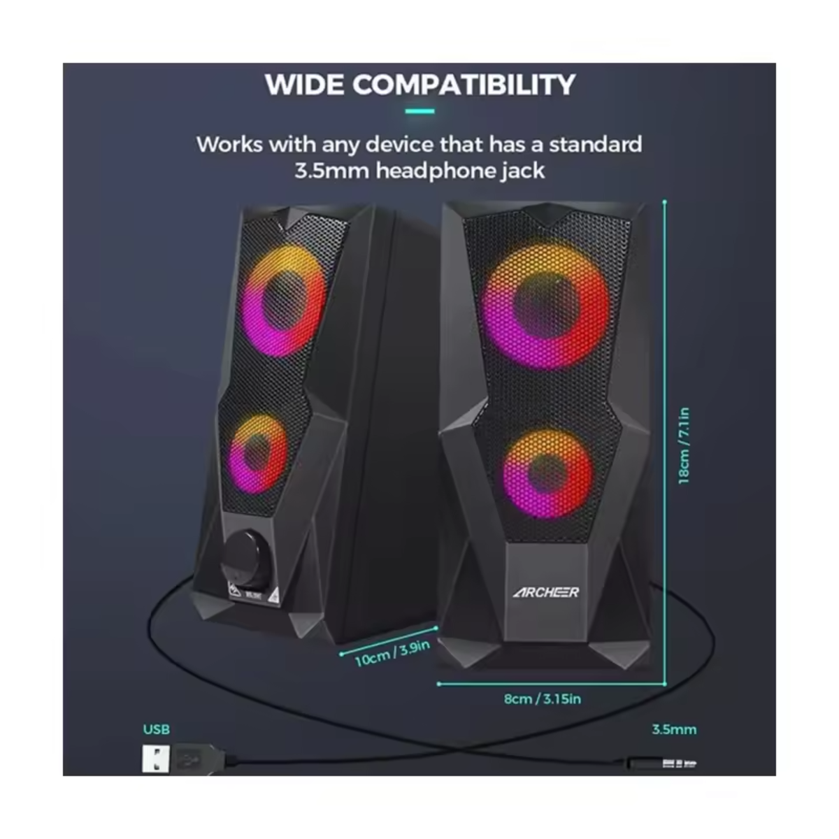 Dos altavoces negros con luces de colores. Los altavoces tienen cables USB y jack de 3,5 mm. El fondo es oscuro.