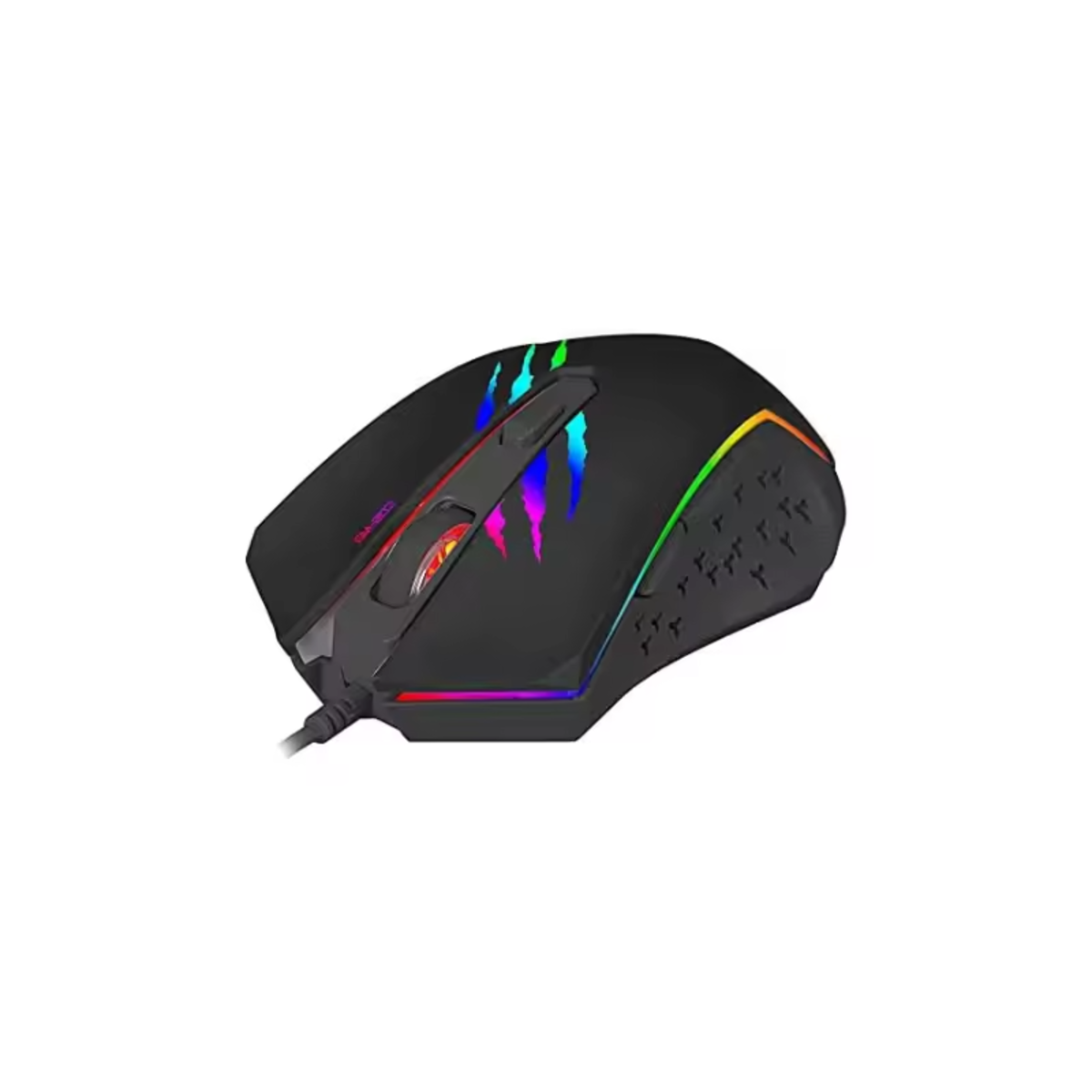 Ratón gaming negro con luces de colores y cable, sobre fondo blanco.