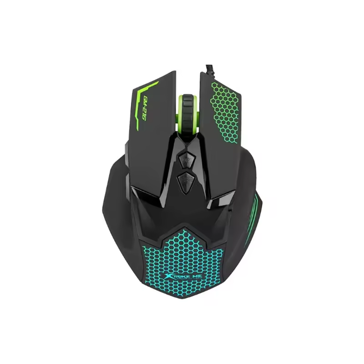 Ratón para juegos negro con acentos verdes y azules. Fondo blanco.