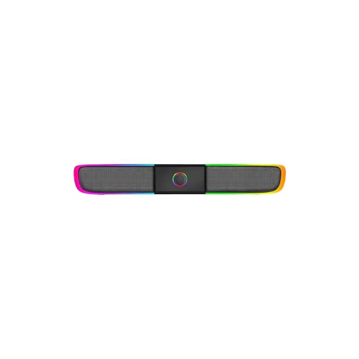 Altavoz negro con luces RGB, sobre fondo blanco.