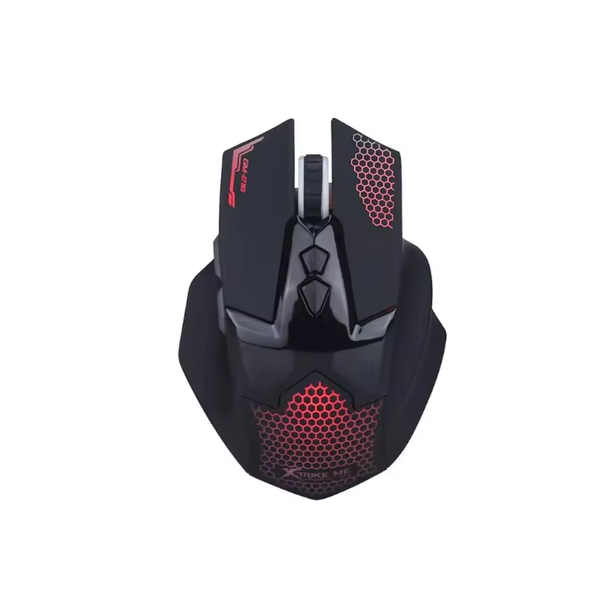 Ratón gaming negro con detalles rojos y patrón de panal, iluminado en rojo.
