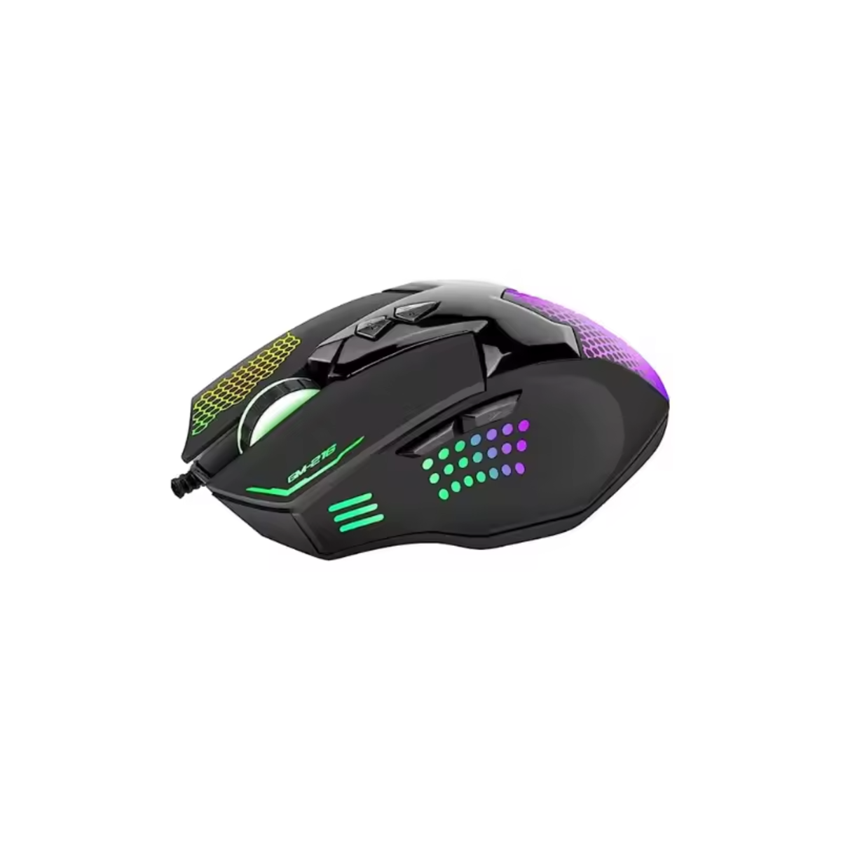 Ratón gaming negro con luces multicolores. Botones laterales y superiores. Cable visible.