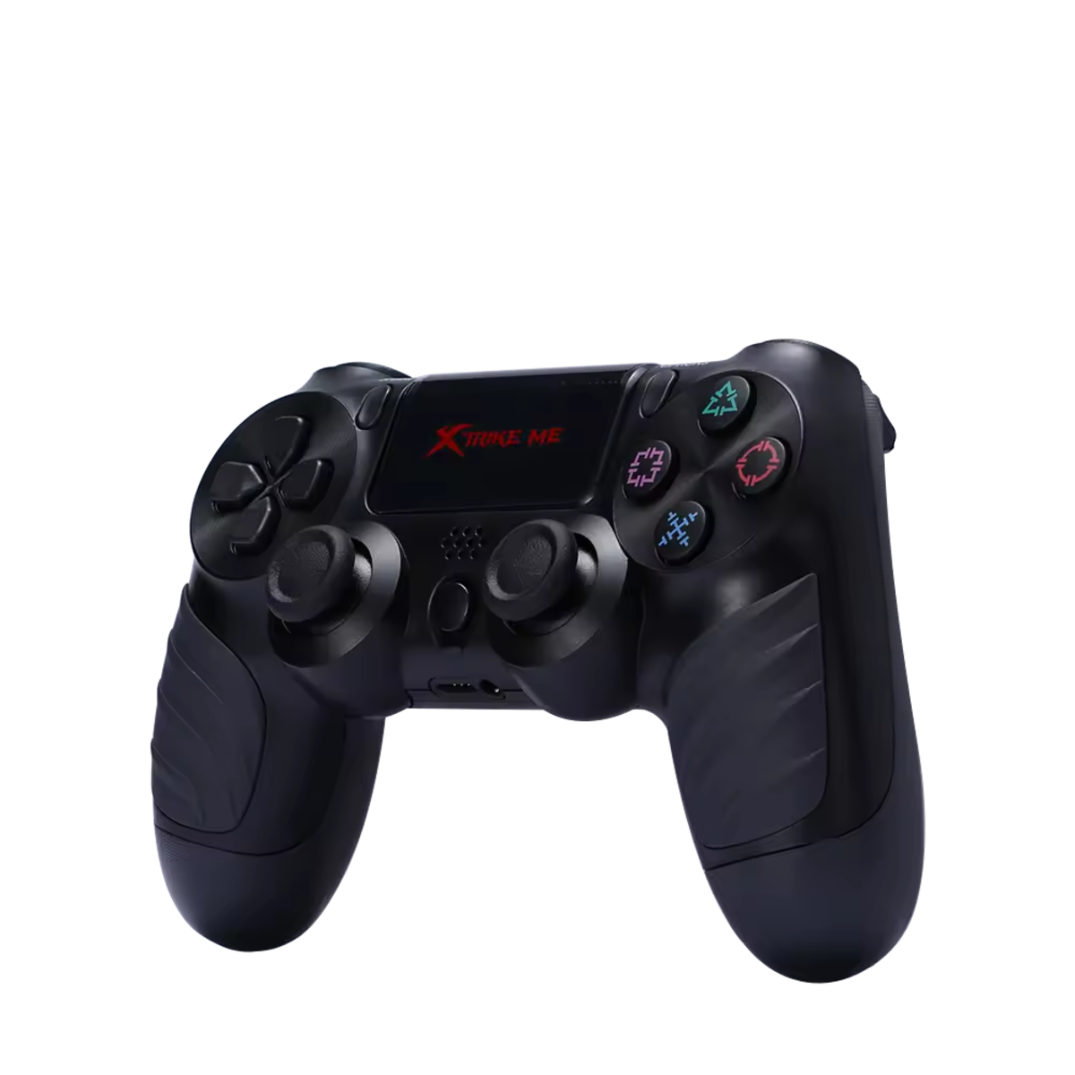 Un mando negro de PlayStation con botones y palancas visibles.