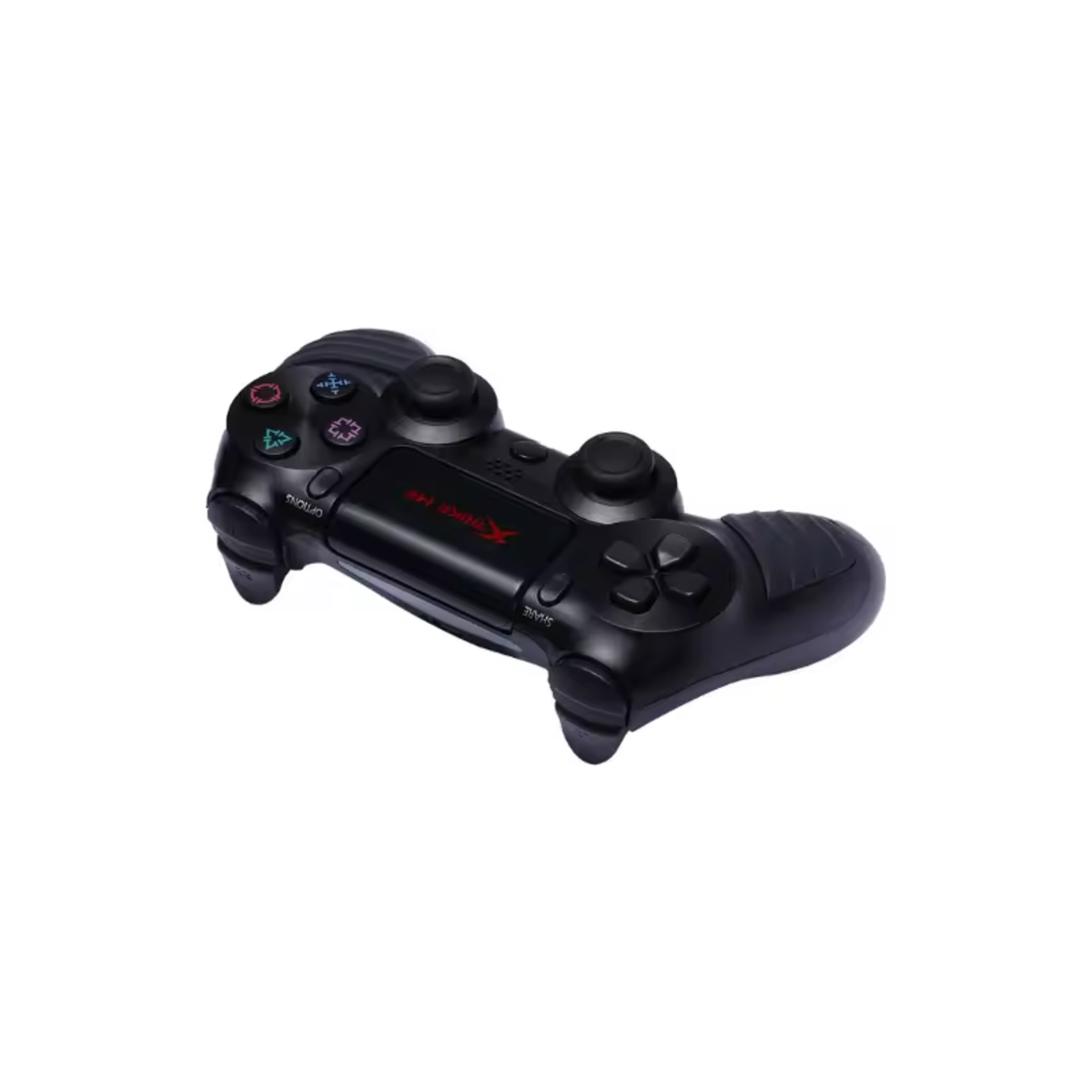 Mando de juegos negro con botones. Botón en forma de X, botones negros, botones de compartir y opciones.