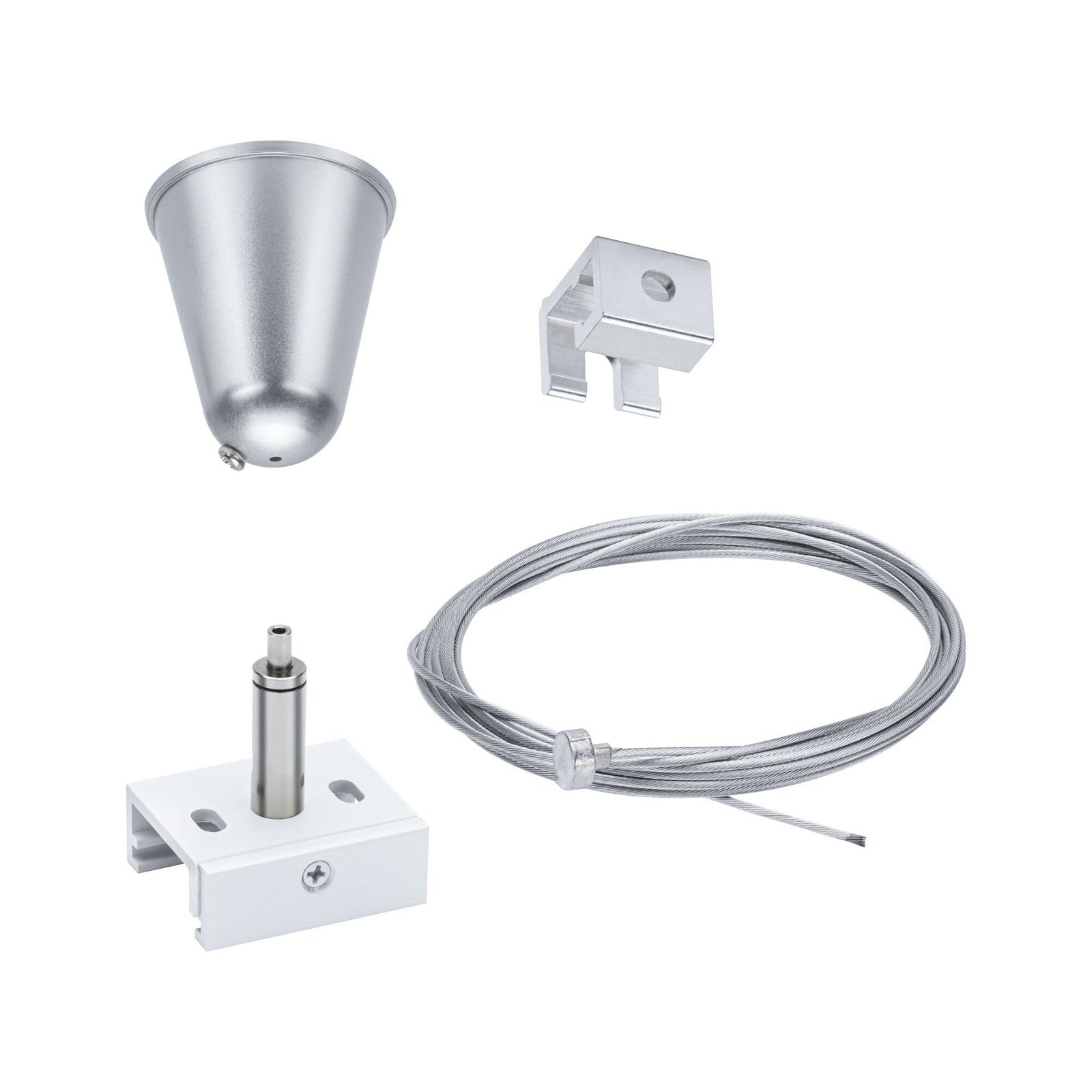 Verschiedene silberne Aufhänge-Hardware-Komponenten auf weißem Hintergrund.