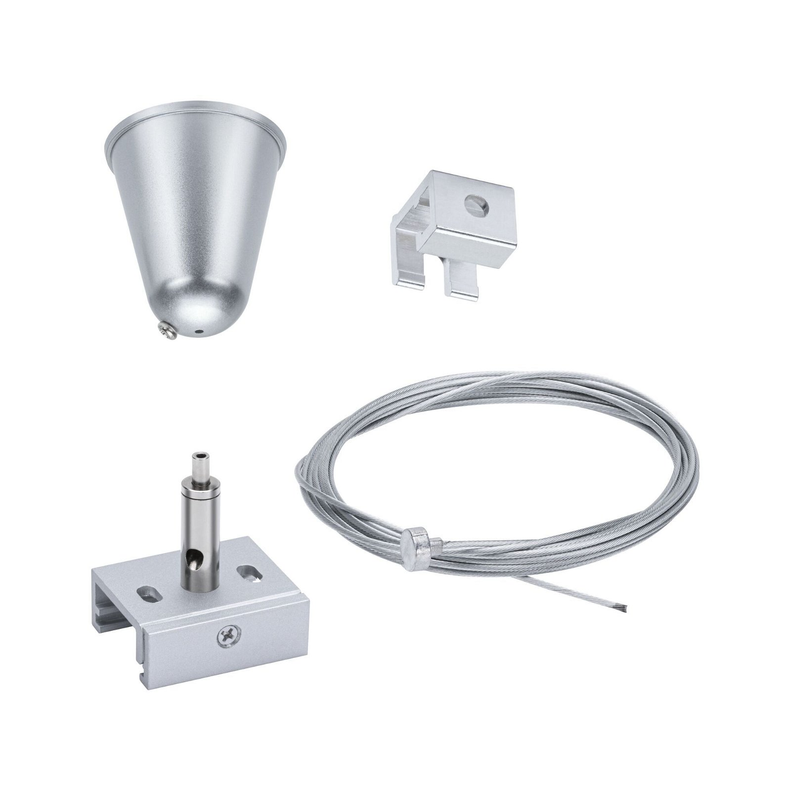 Silberne Deckenmontageteile: ein Kegel, eine Halterung und ein Kabel mit Schlaufe, weißer Hintergrund.