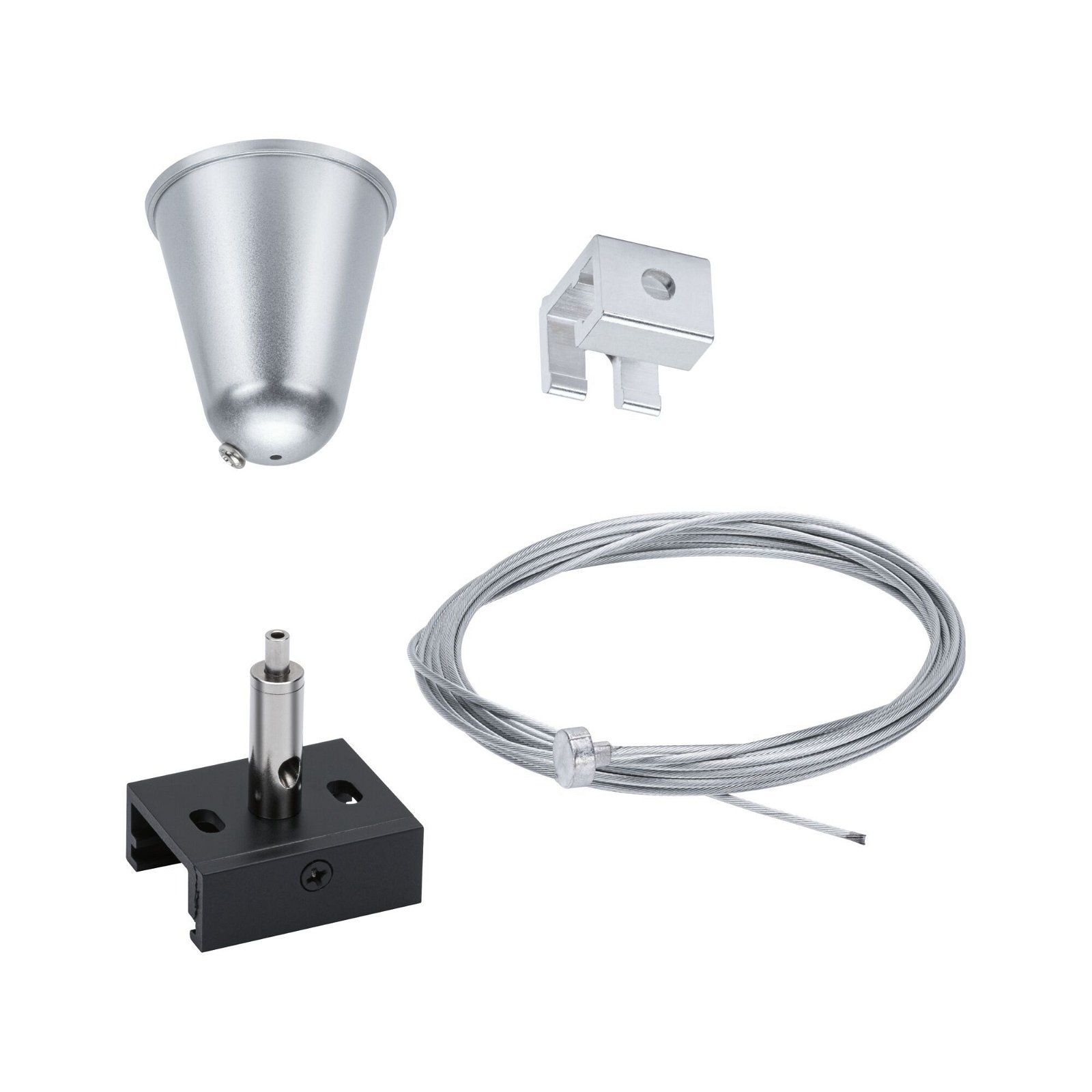 Hardware-Kit für die Deckenmontage. Enthält silbernen Kegel, Halterung, schwarzes Rechteck und Draht.