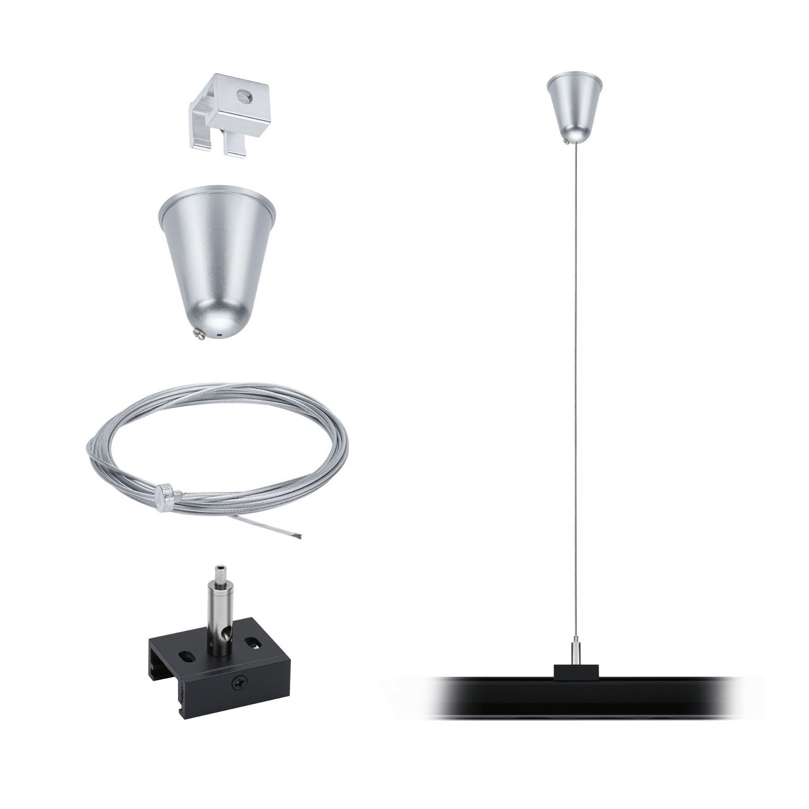 Ein Satz Teile für eine Hängelampe: eine Deckenhalterung, ein Kabel, eine Lampenfassung und ein Anschlussblock.