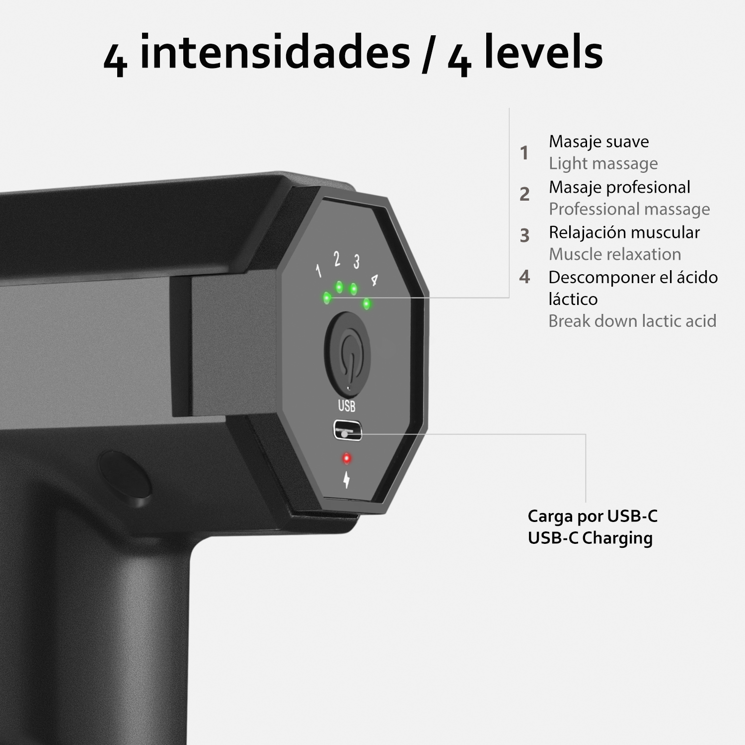 Pistola de masaje negra con niveles de intensidad y puerto de carga USB-C.