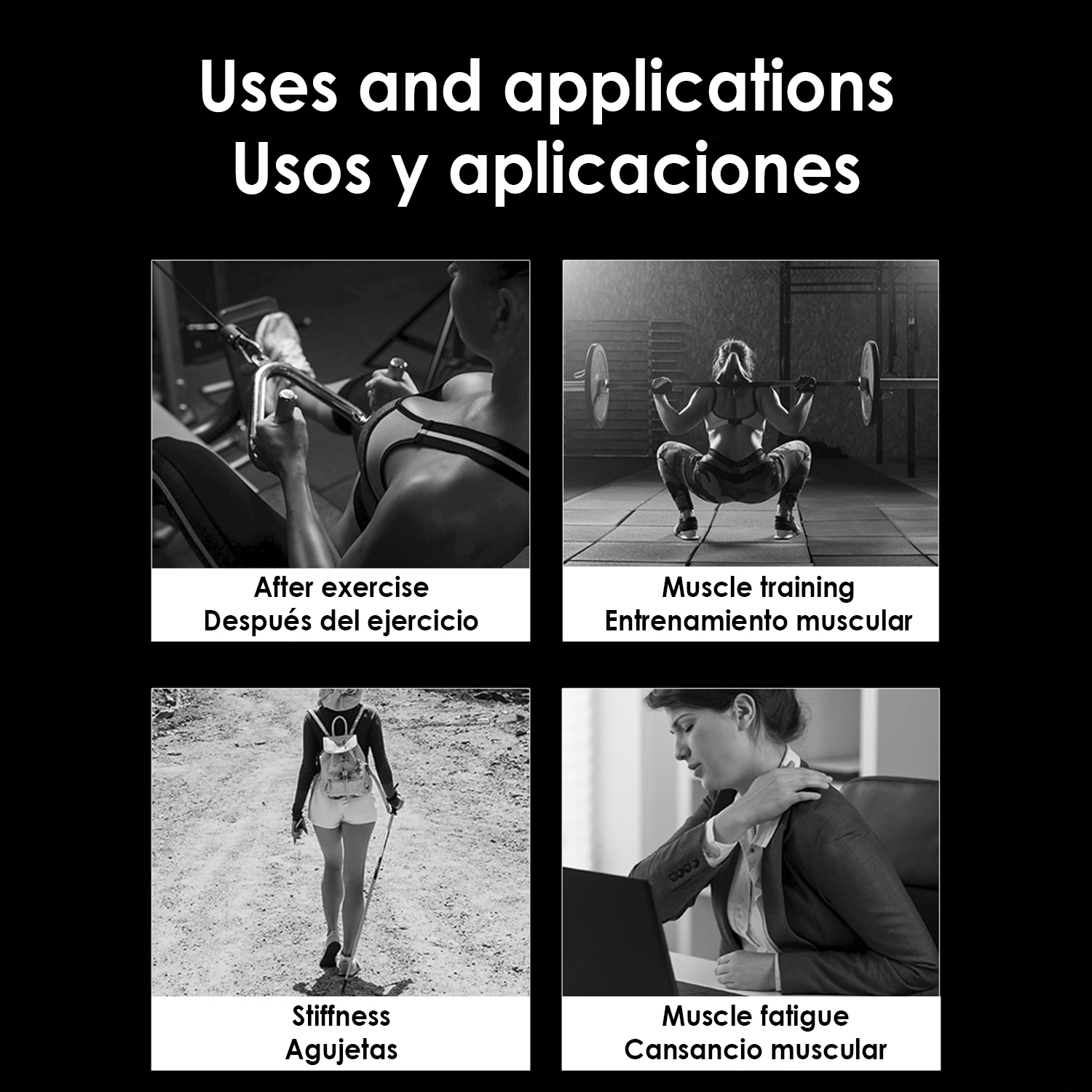 Imágenes en blanco y negro mostrando usos: después del ejercicio, entrenamiento muscular, rigidez, fatiga.