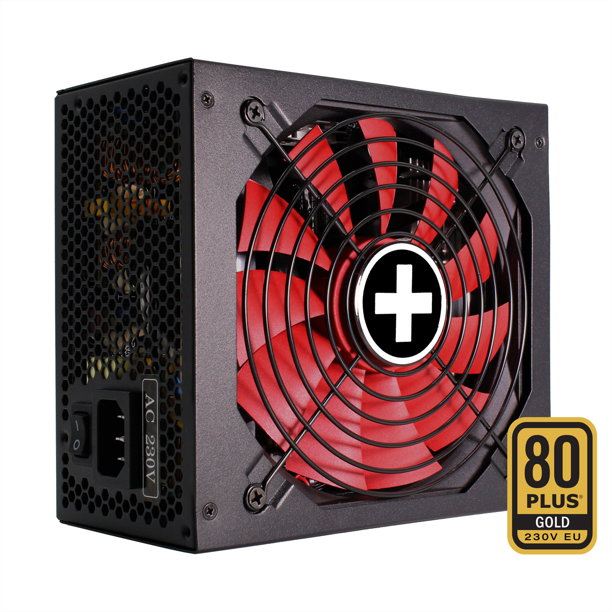 Czarny zasilacz do komputera z czerwonym wentylatorem i złotą naklejką z napisem '80 PLUS GOLD'.