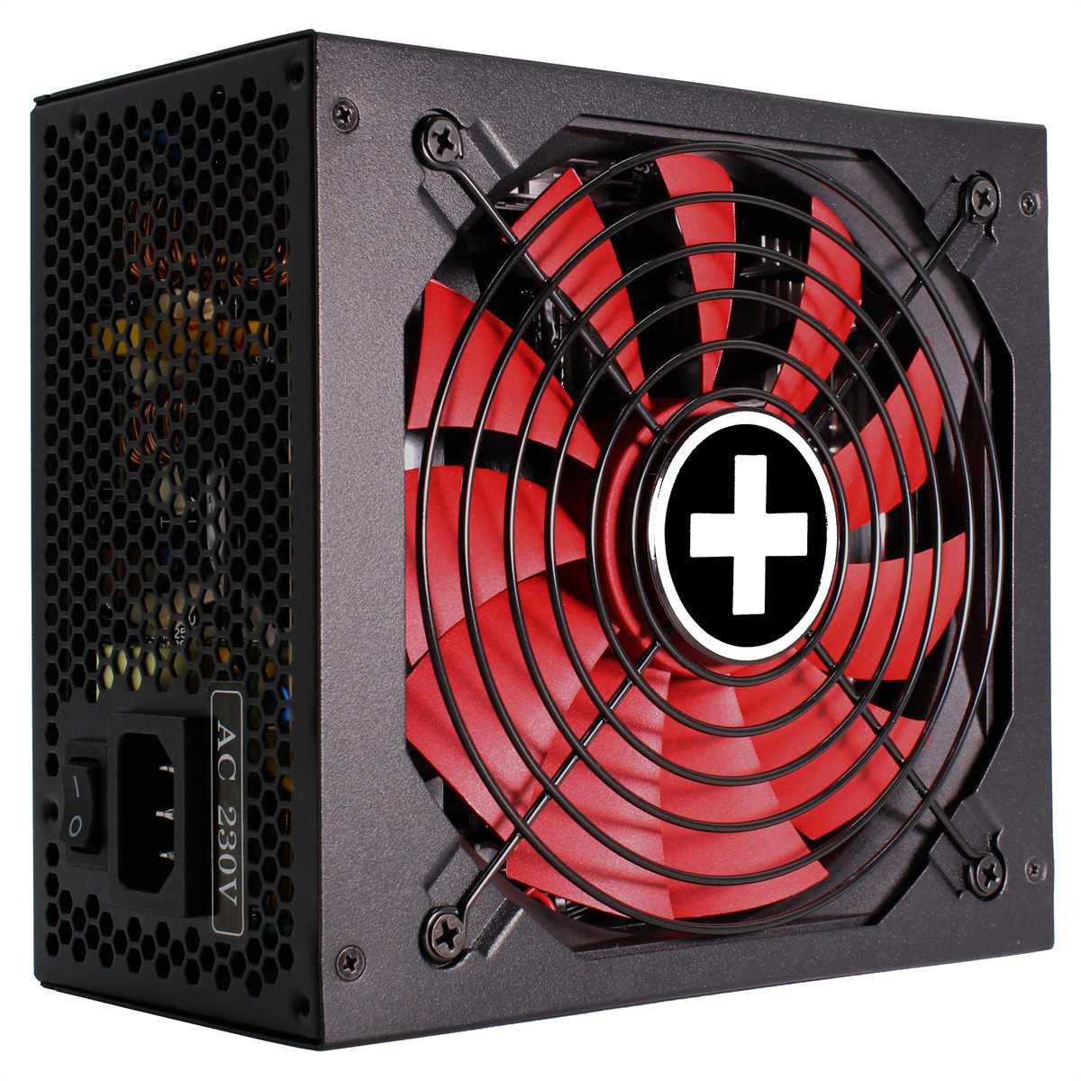Czarny zasilacz z czerwonym wentylatorem i białym znakiem plus w środku. Czarny bok z siatki.