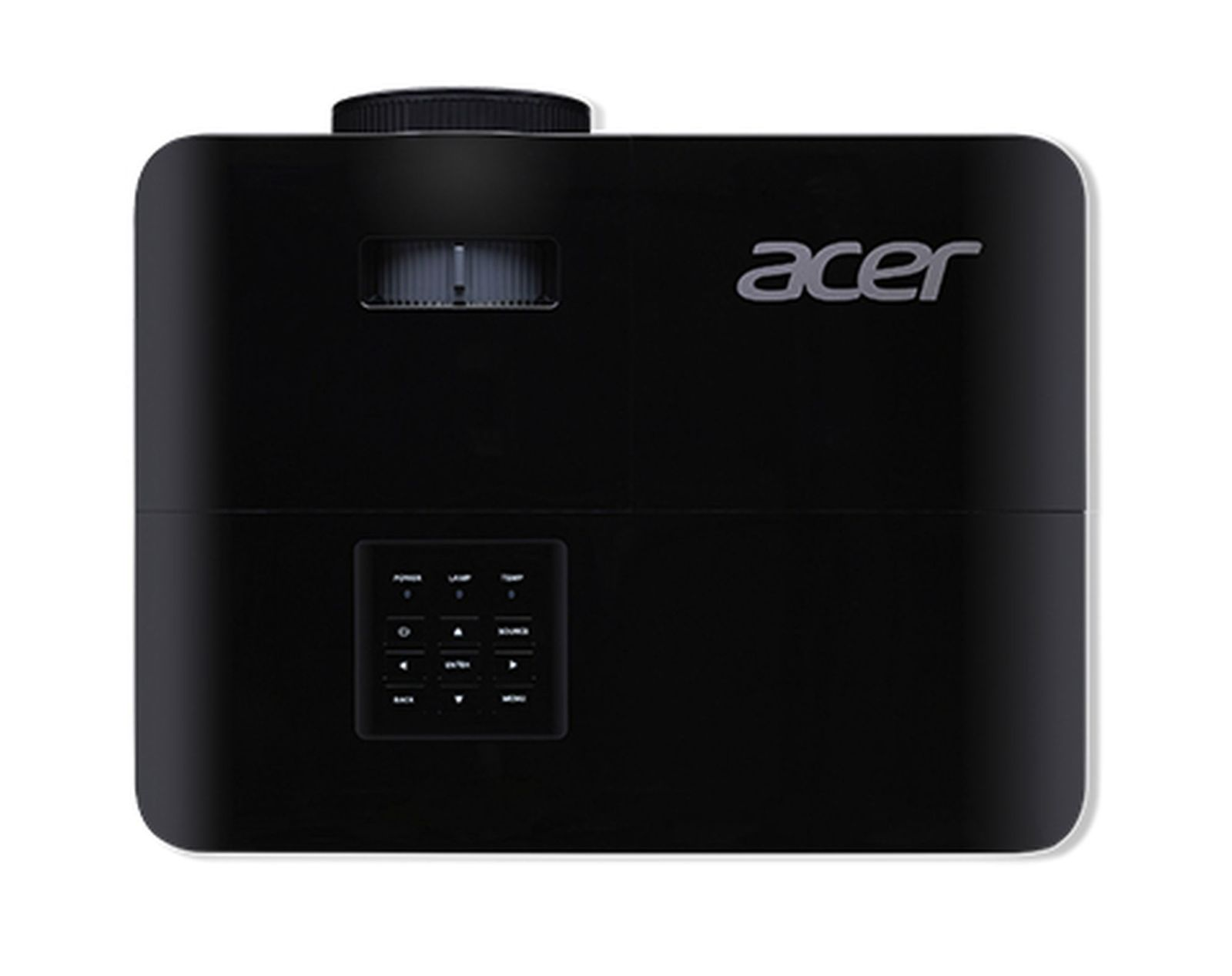 Un proyector Acer negro con botones de control y el logotipo de Acer. El fondo es blanco.