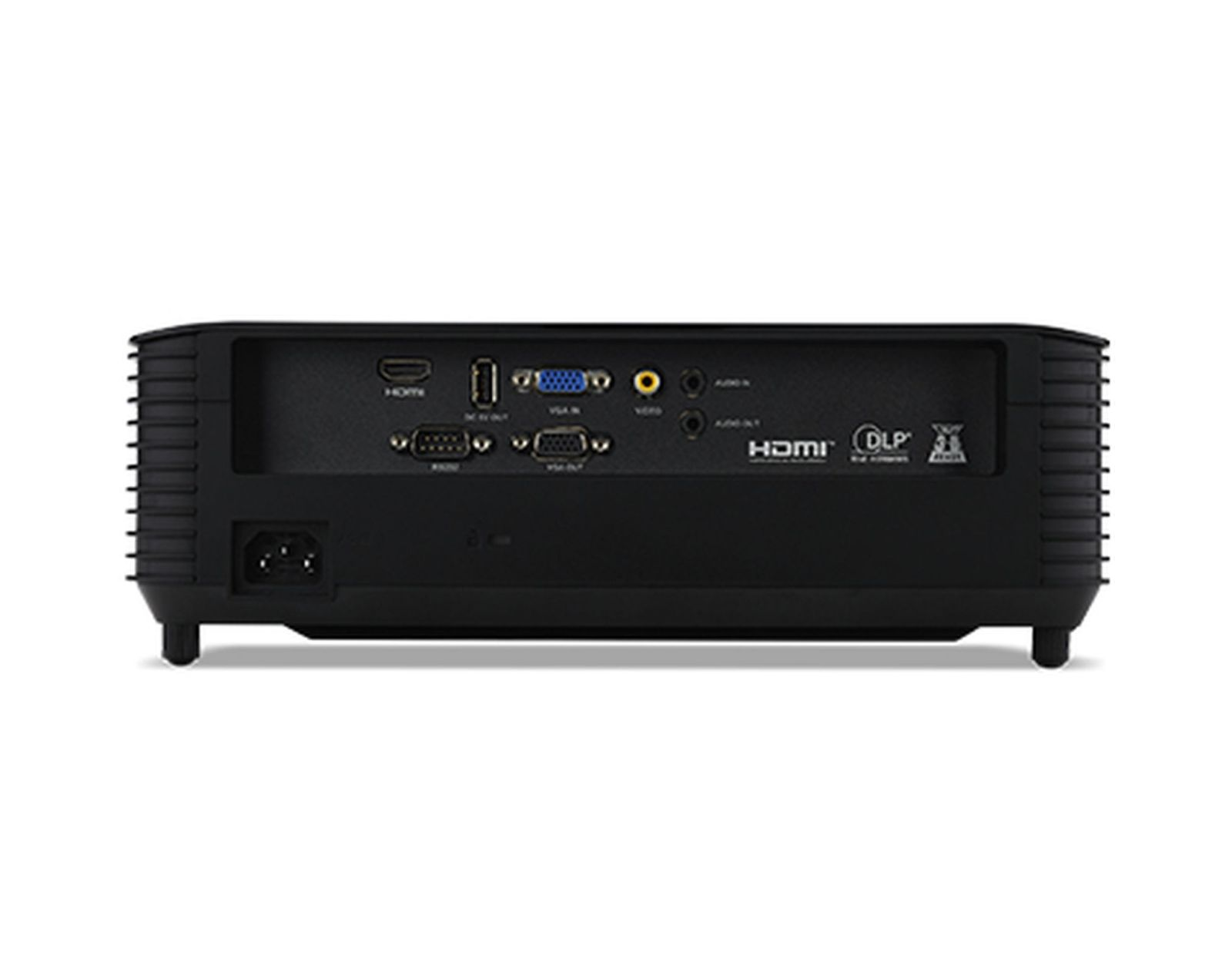 Rückseite eines schwarzen Projektors mit verschiedenen Anschlüssen, einschließlich HDMI, VGA und Audio.