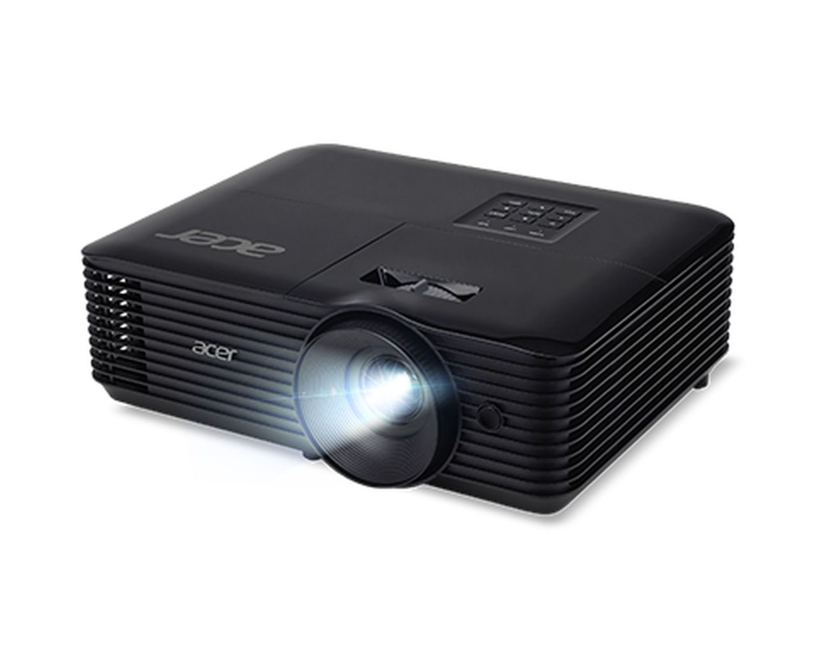 Proyector Acer negro, vista lateral, emitiendo luz brillante.