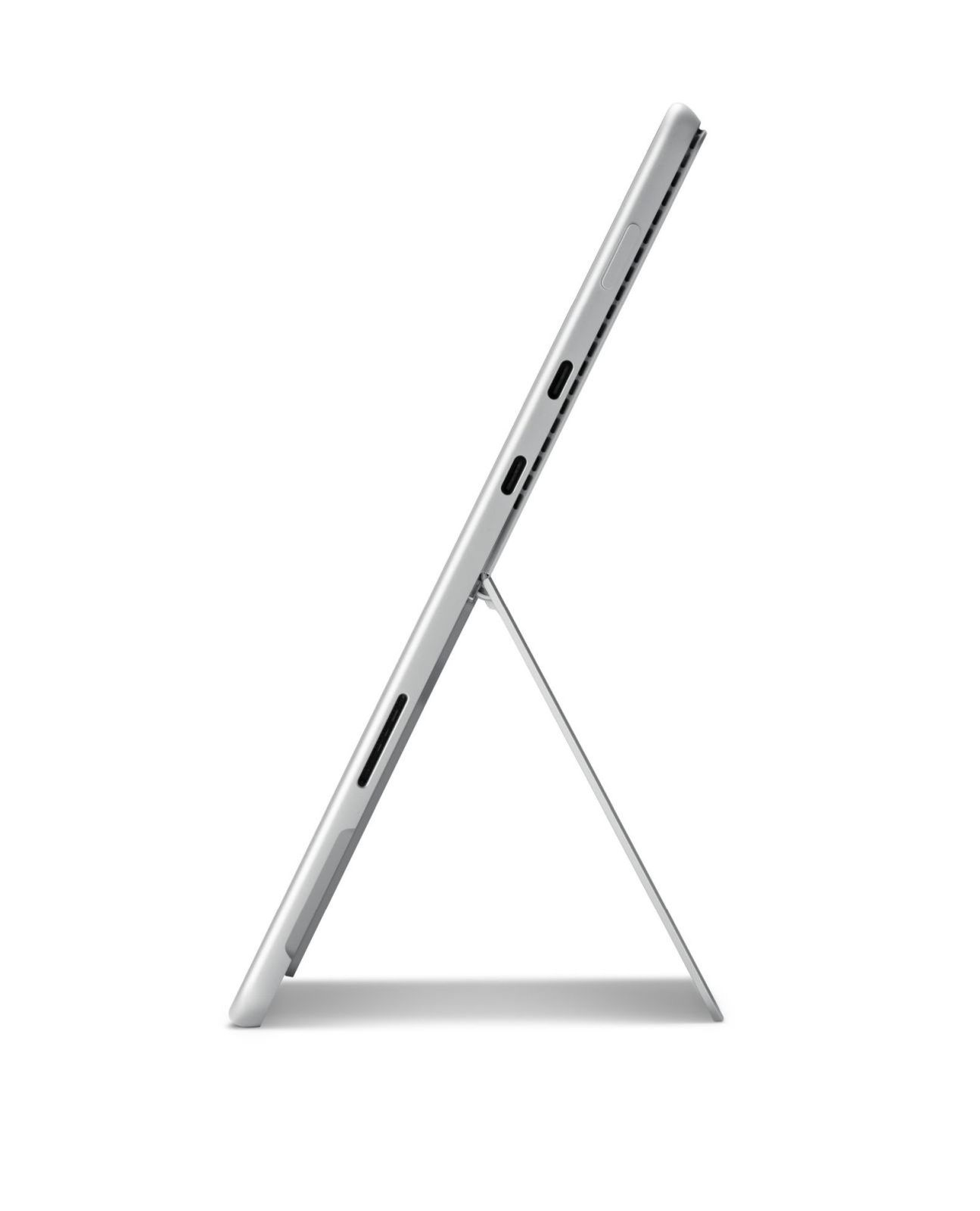 Tablet argento, vista angolata, con un supporto che sostiene il dispositivo.