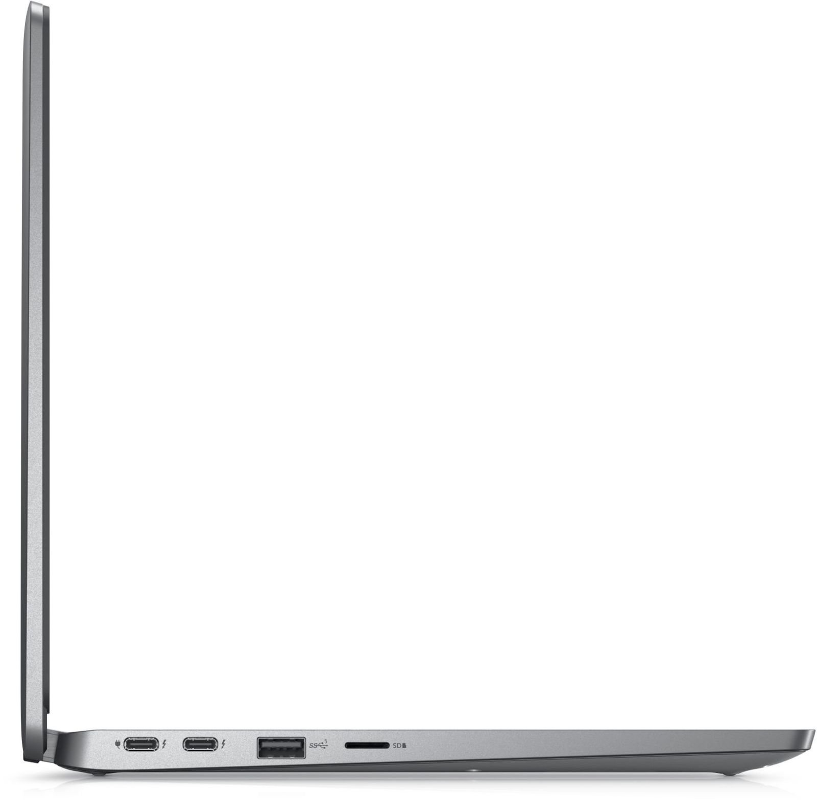 Vista laterale di un laptop. Il laptop è argentato e ha porte sul lato.