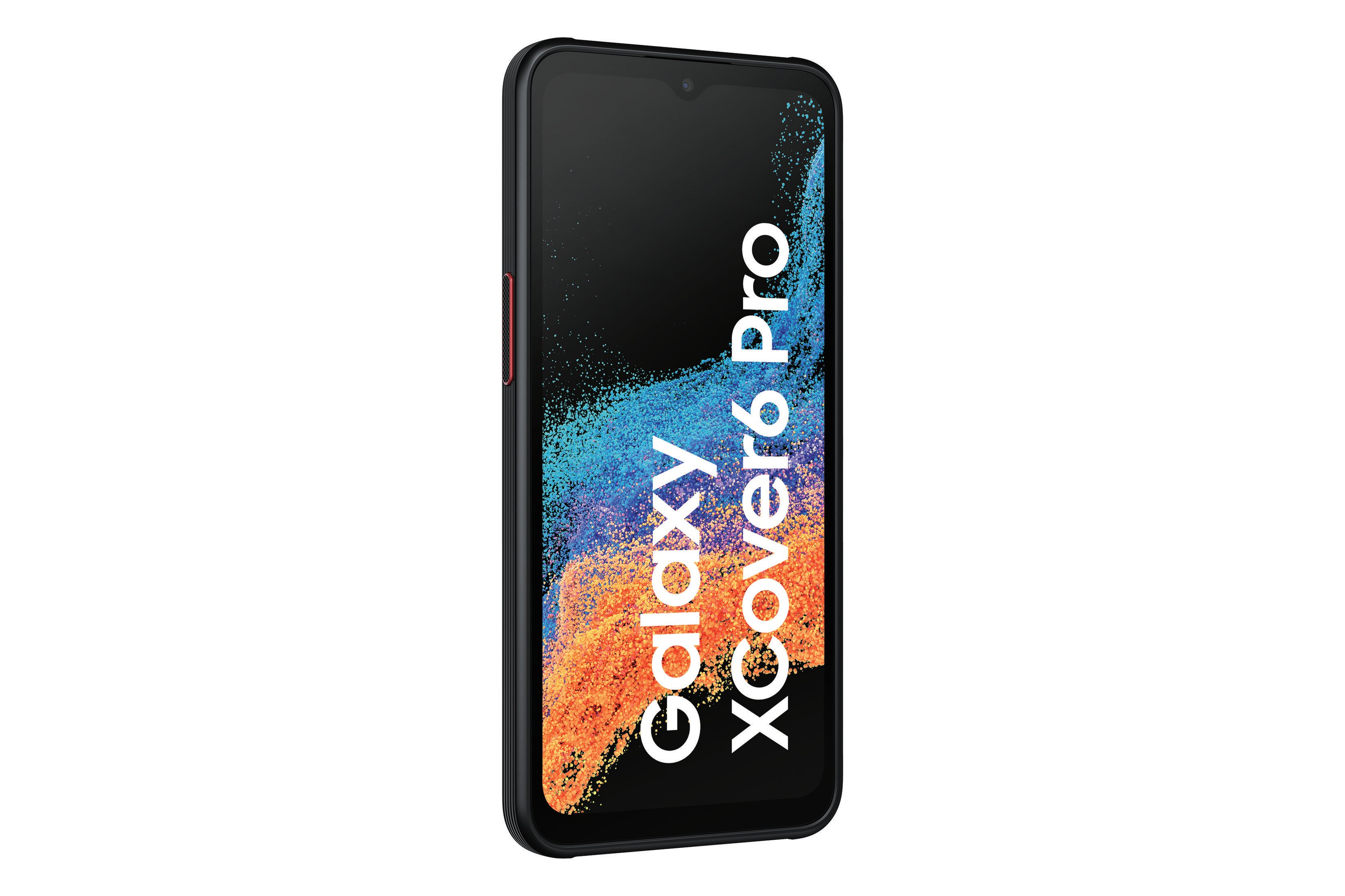 Czarny smartfon z logo Galaxy Xcover6 Pro na kolorowym tle.