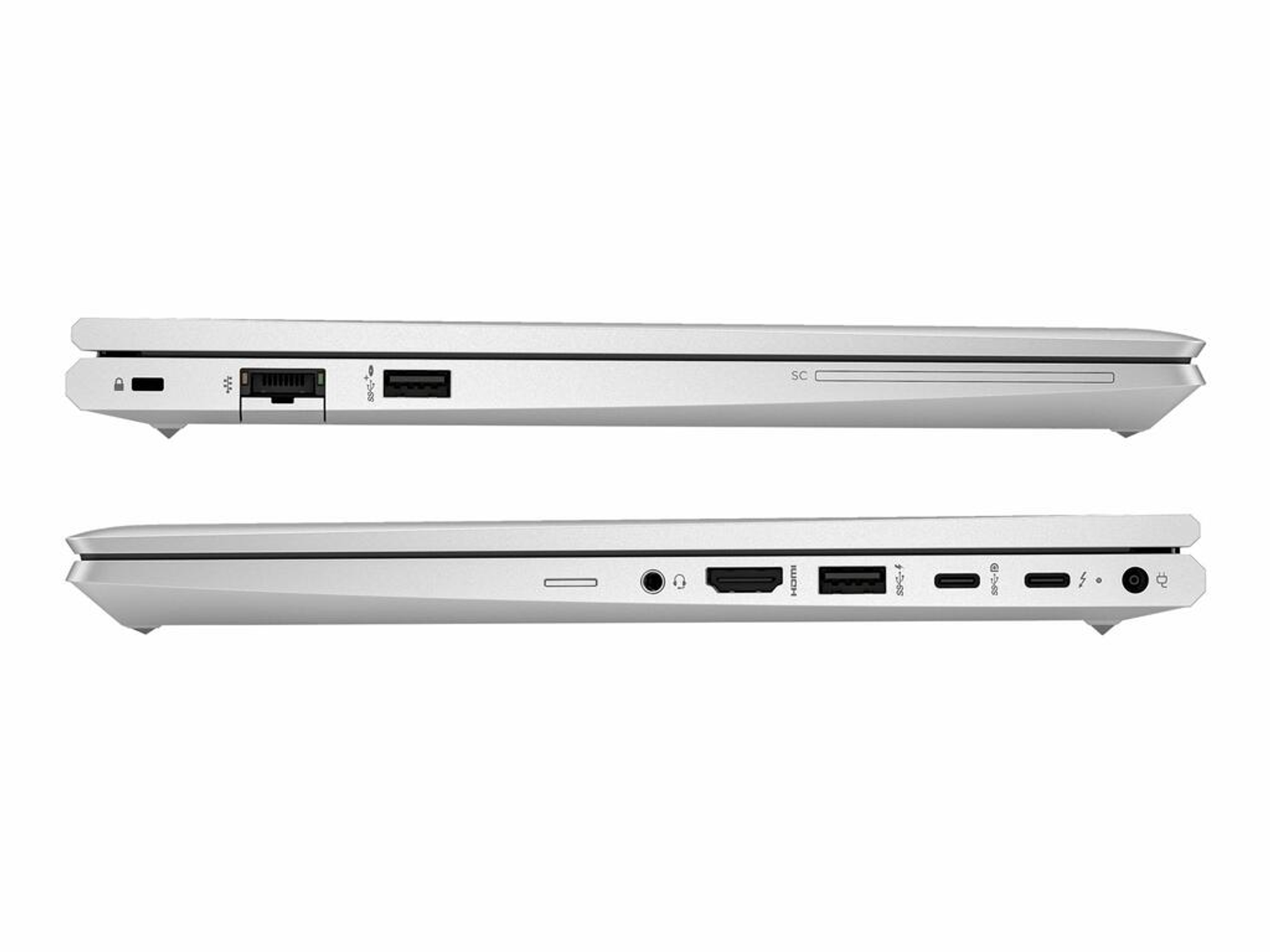 Zwei Laptops nebeneinander, die Anschlüsse und Seitenprofile zeigen, in einem Studio.