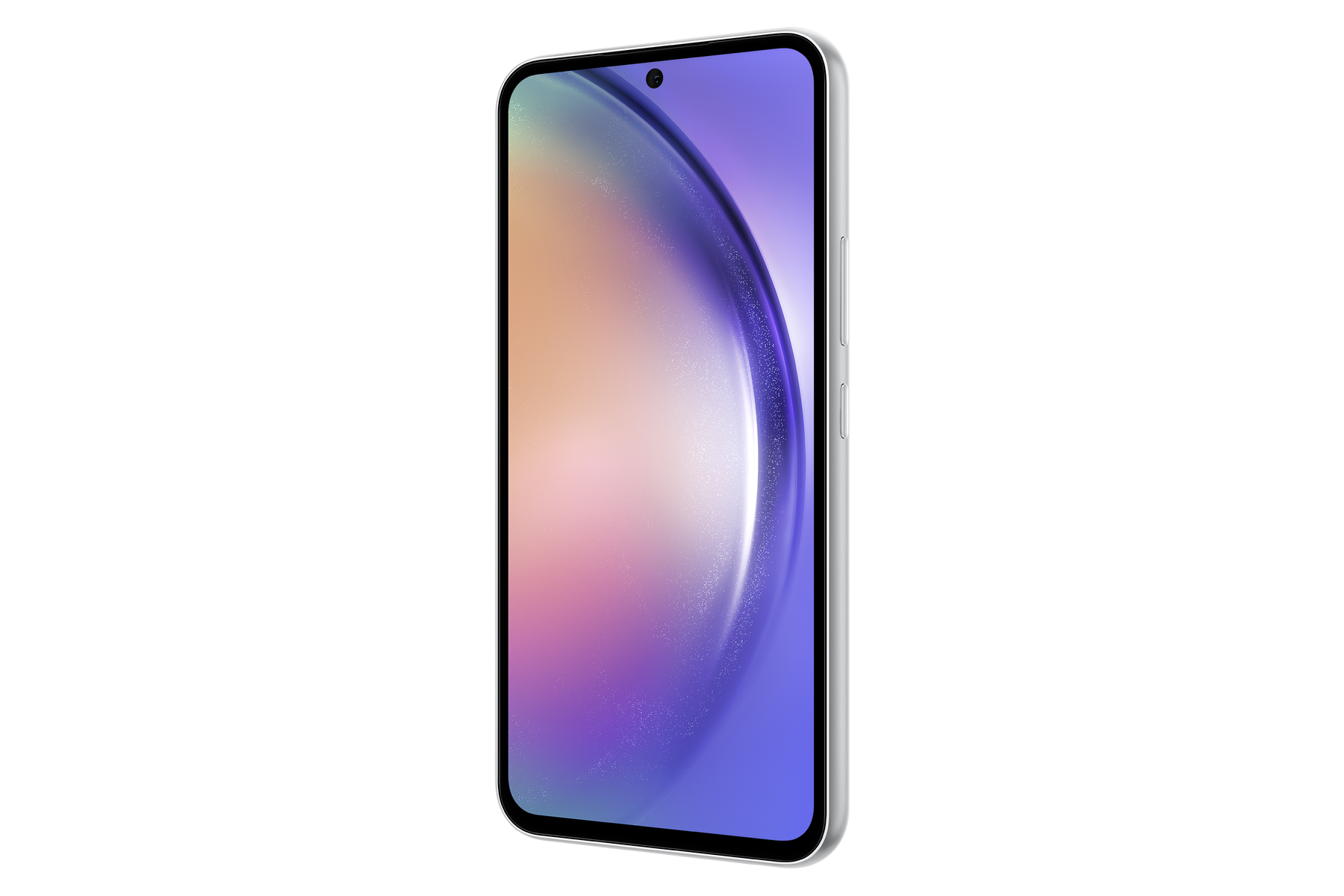 Un smartphone argenté avec un écran incurvé, isolé sur fond blanc.