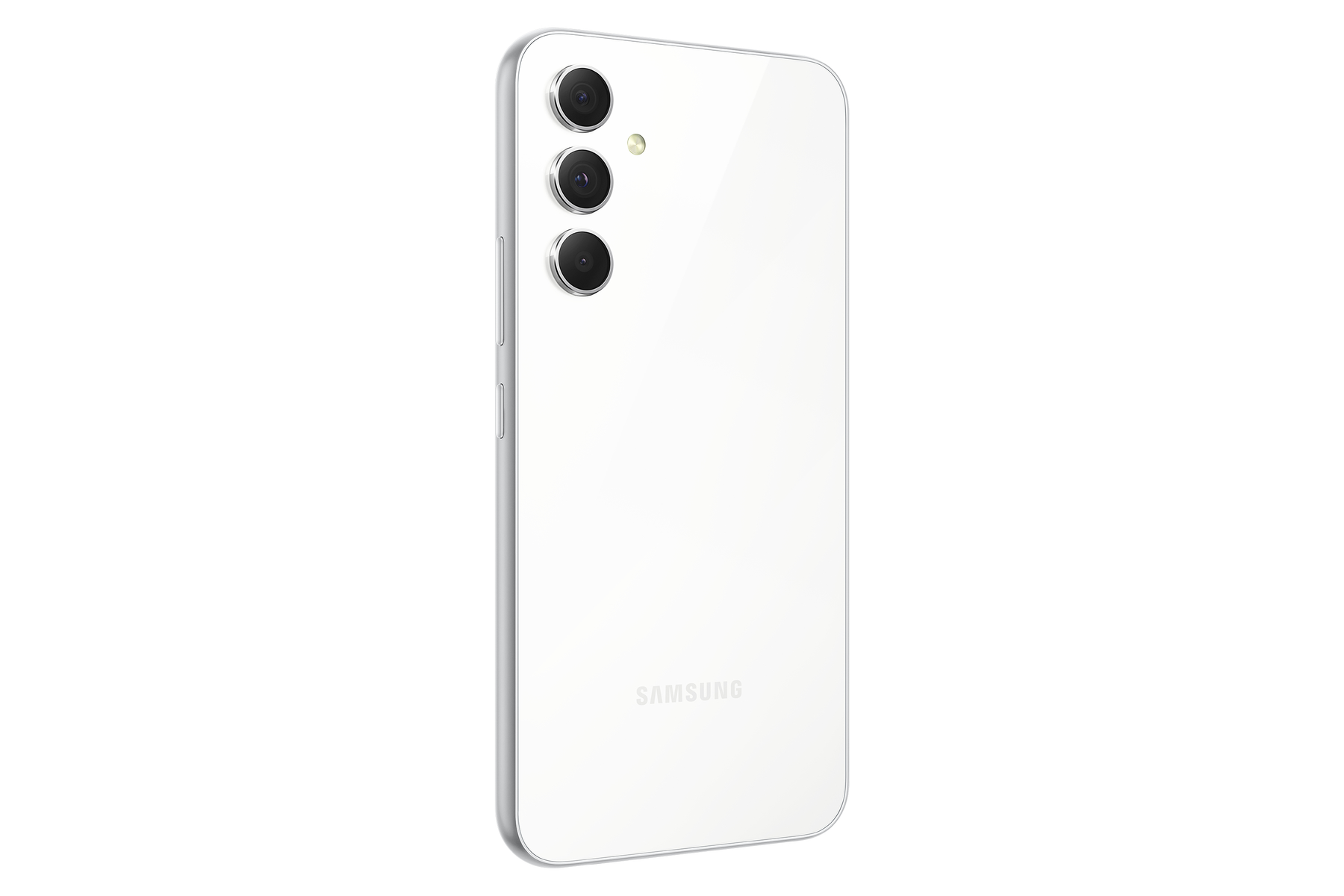 Téléphone blanc avec triple caméra à l'arrière. Cadre argenté.