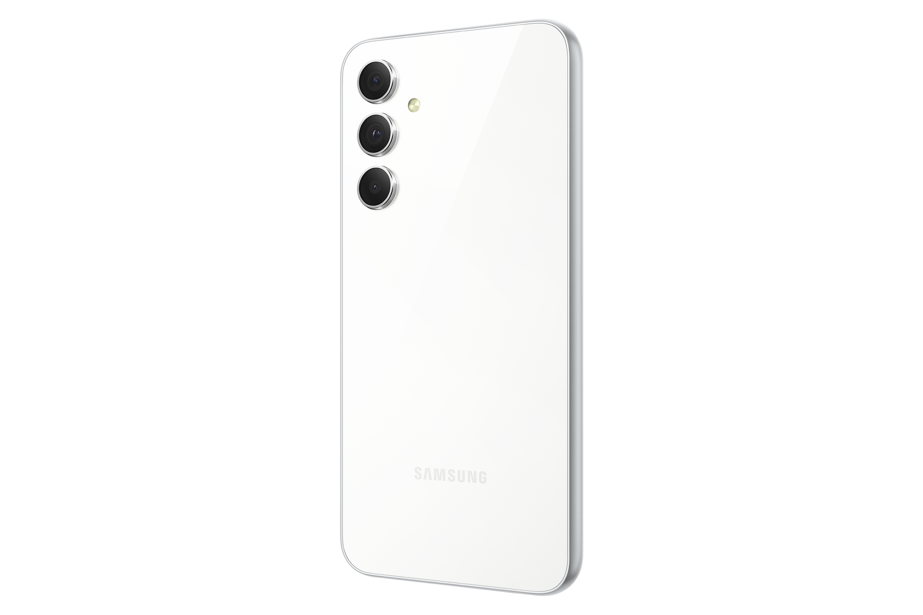 Vue arrière d'un smartphone blanc, avec trois caméras et un logo Samsung. Le fond est blanc.