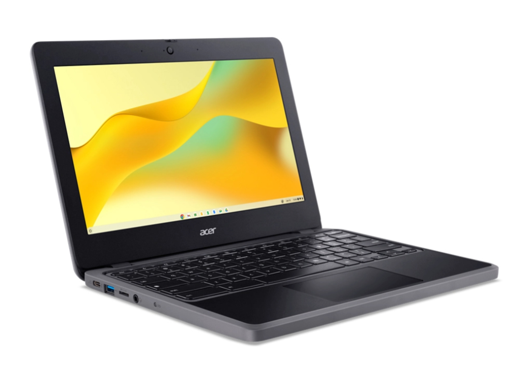 Un laptop Acer nero con schermo giallo e bianco. Il laptop è aperto.