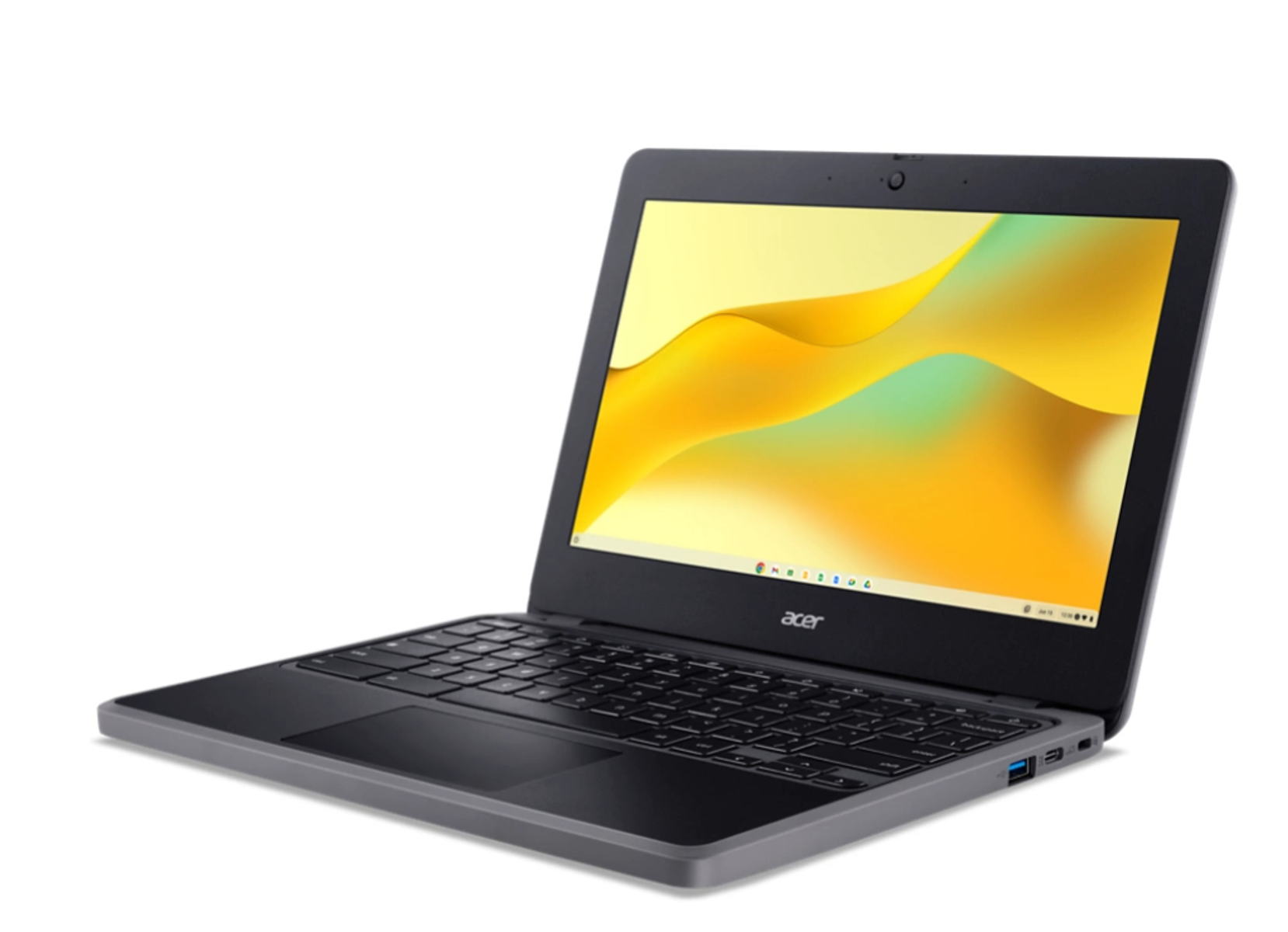 Un laptop è aperto con uno sfondo giallo e verde su una superficie bianca.