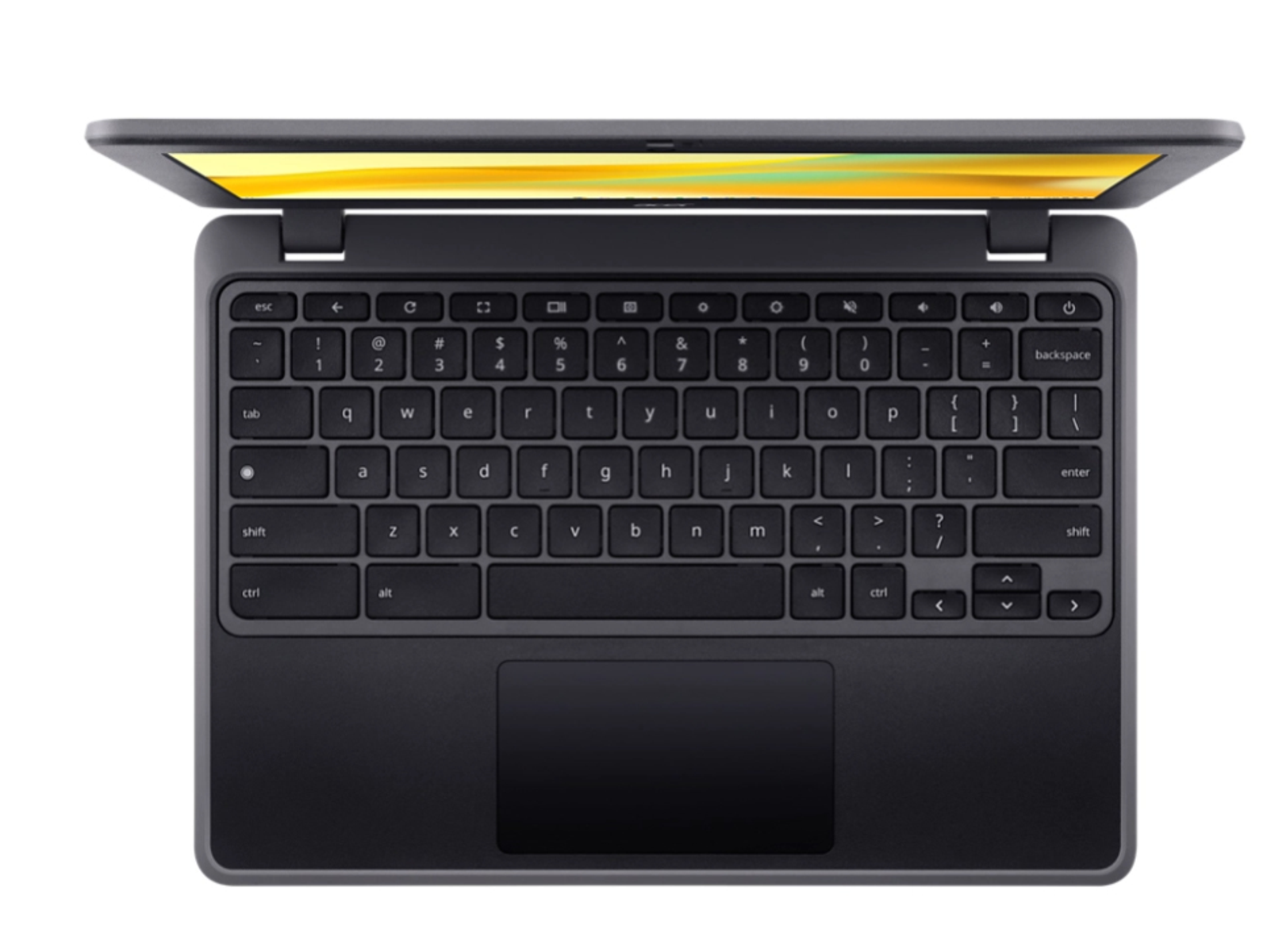 Laptop, vista dall'alto, tastiera e trackpad neri, con schermo giallo.