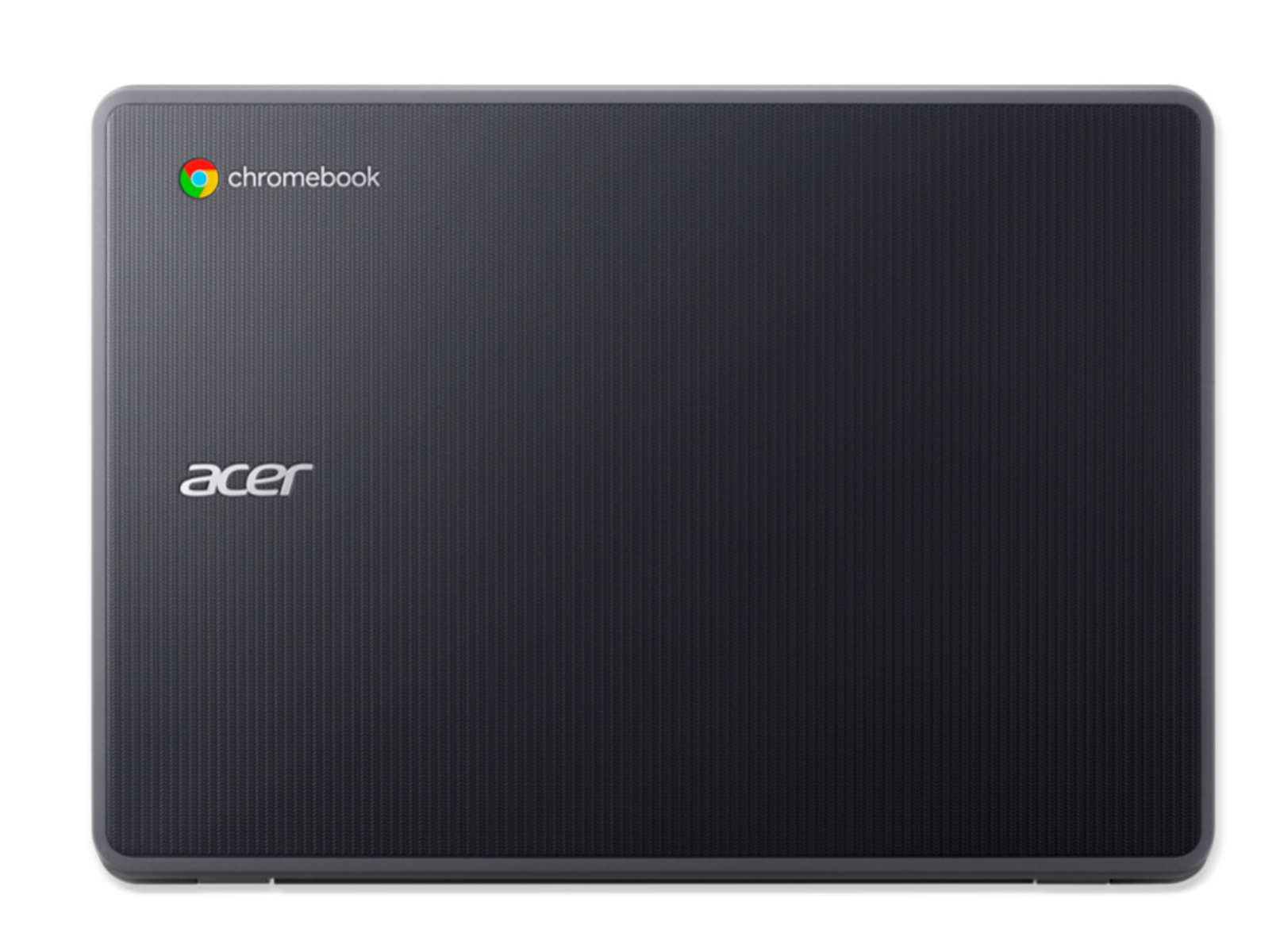 Chromebook nero chiuso, logo Acer, logo Chromebook sopra.