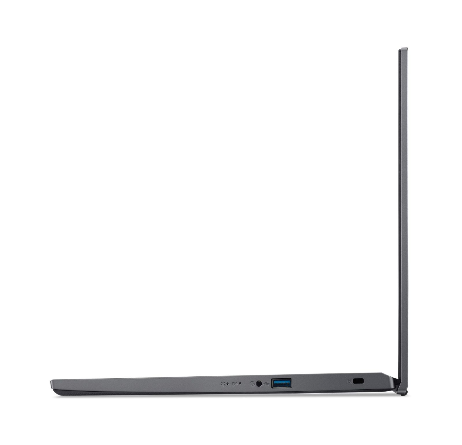 Vista laterale di un laptop. Il laptop è argentato e ha porte sul lato.