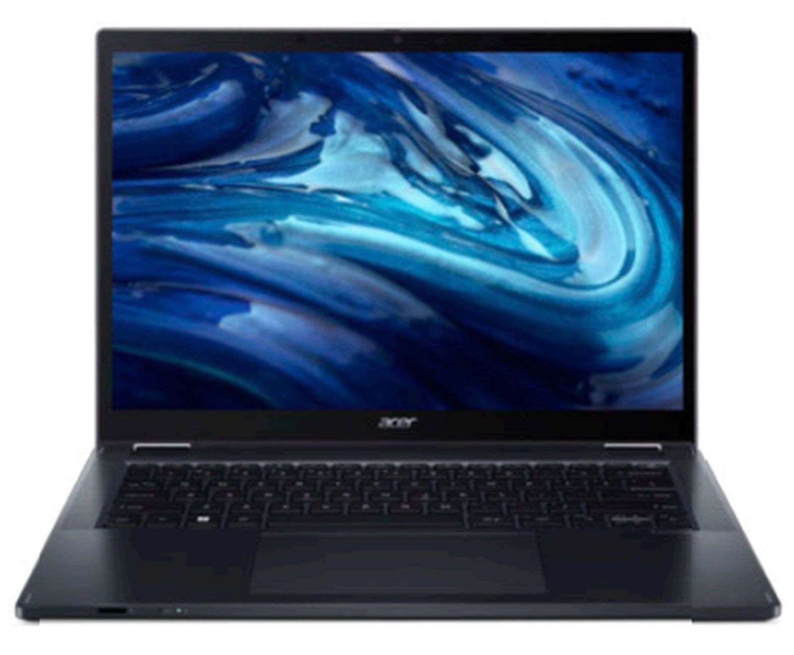 Un computer portatile nero con sfondo blu astratto sullo schermo.