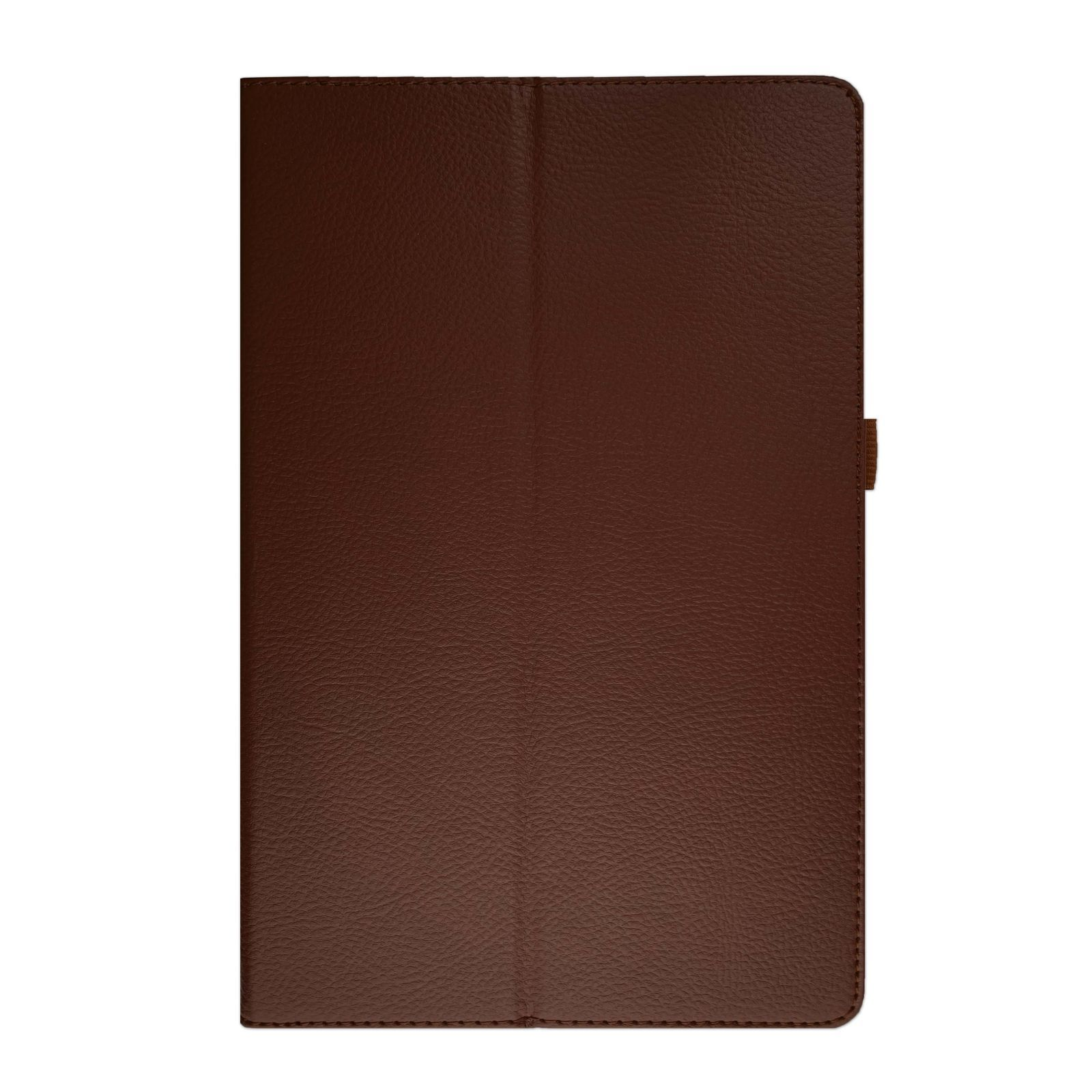 Braune Tablet-Hülle aus Leder, geschlossen und strukturiert.