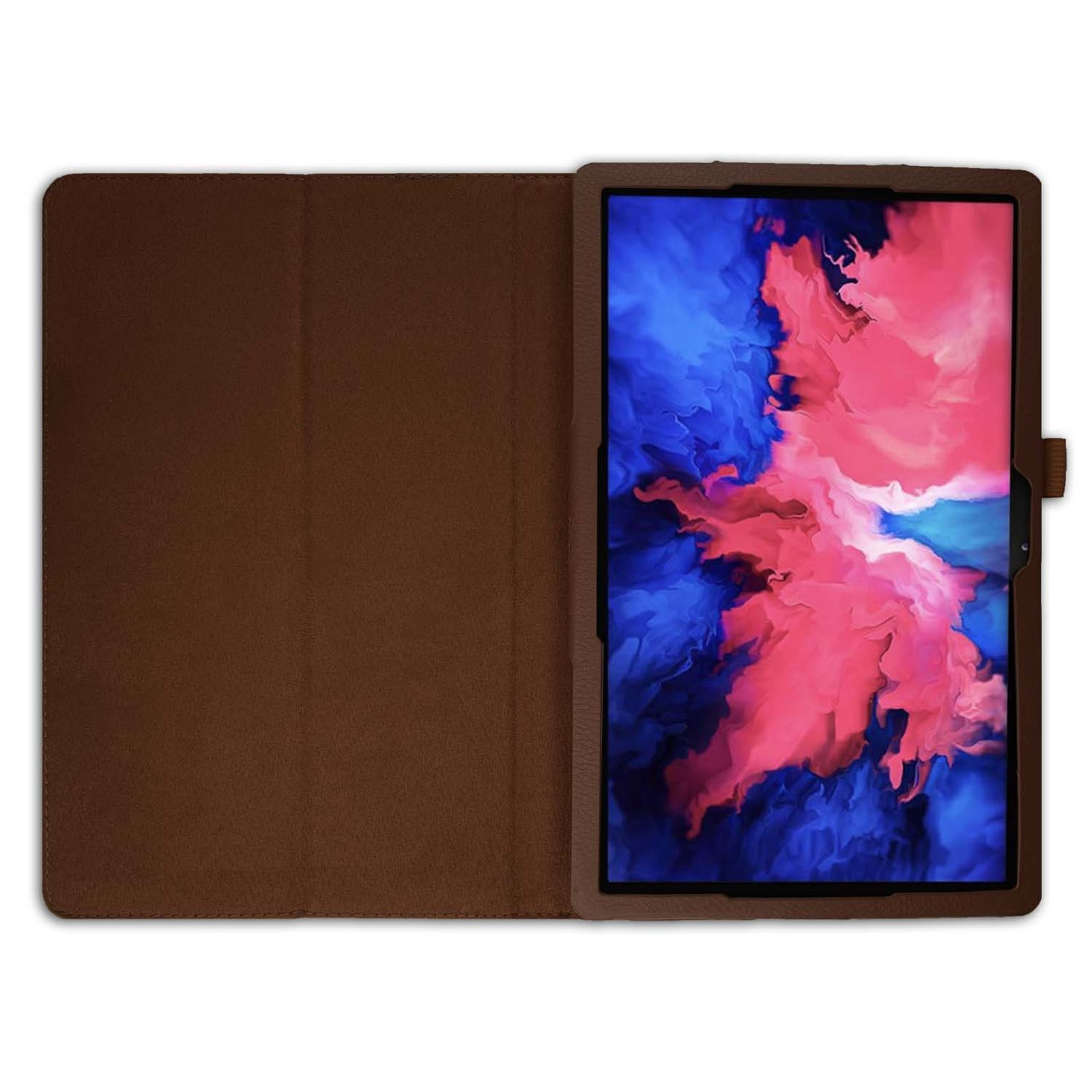 Tablet in brauner Hülle. Der Bildschirm zeigt ein abstraktes rosa-blaues Bild.