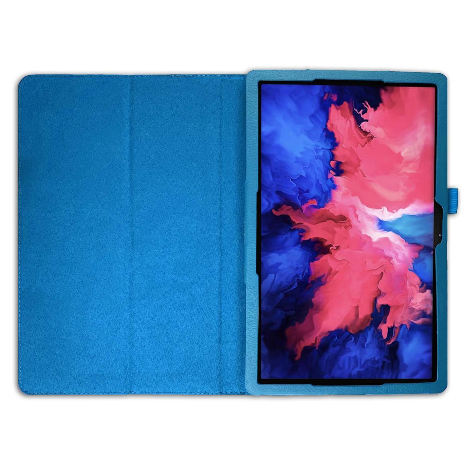 Blaue Tablet-Hülle geöffnet, zeigt ein Tablet mit einem farbenfrohen abstrakten Bild.