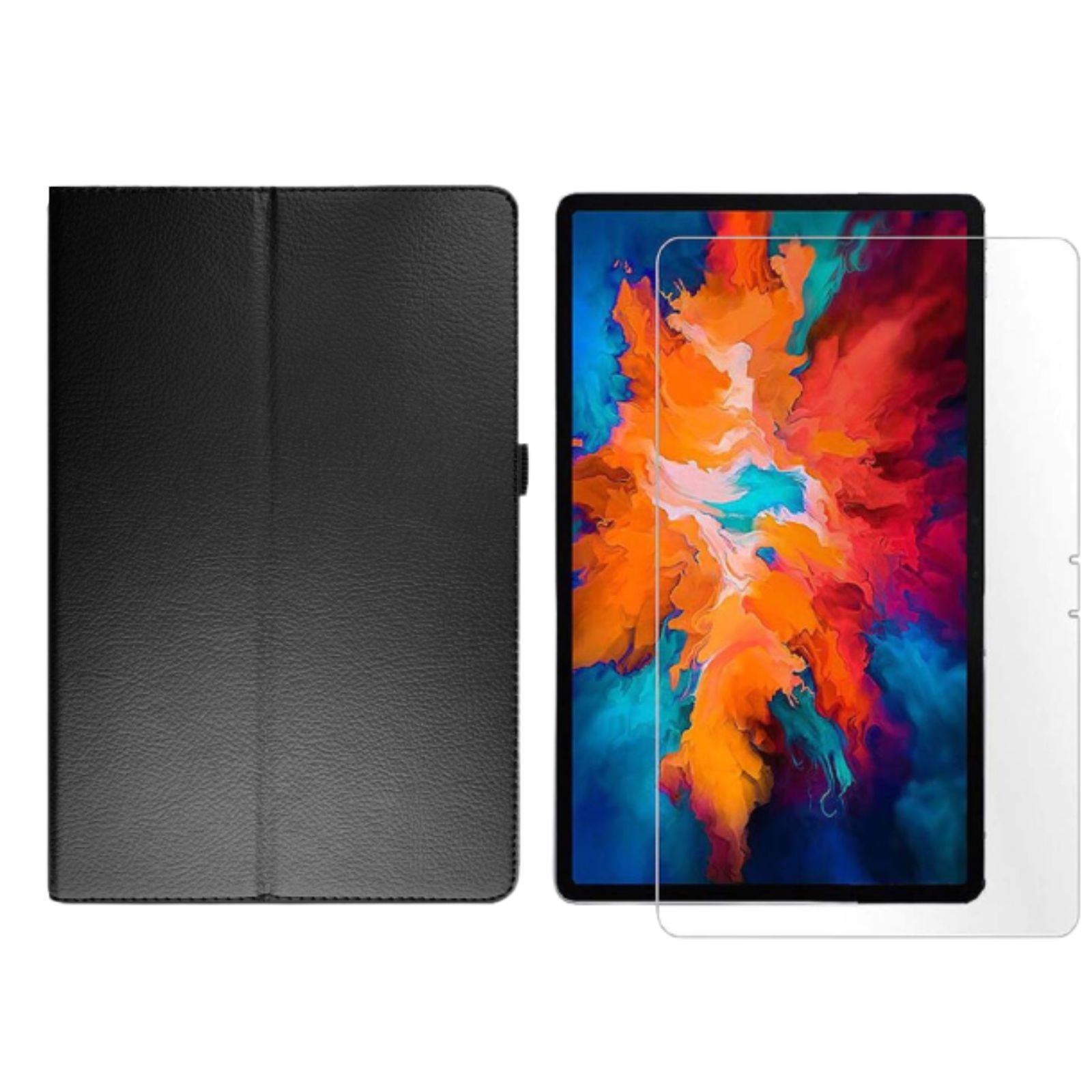 Schwarze Tablethülle, Tablet mit farbenfrohem abstraktem Bild und Displayschutzfolie.