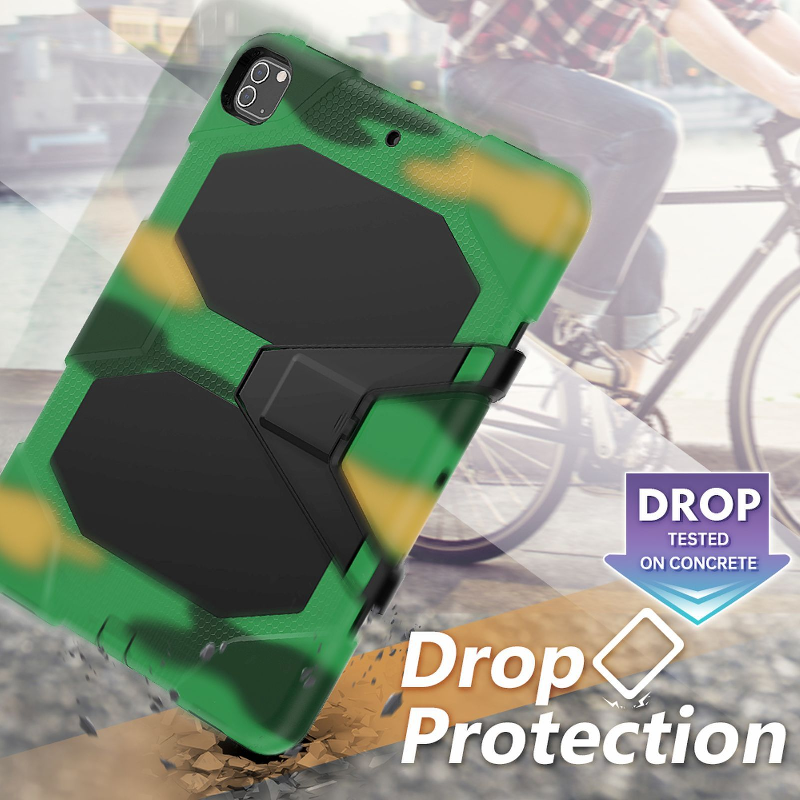 Eine grüne Camouflage iPad-Hülle mit einem Radfahrer im Hintergrund.