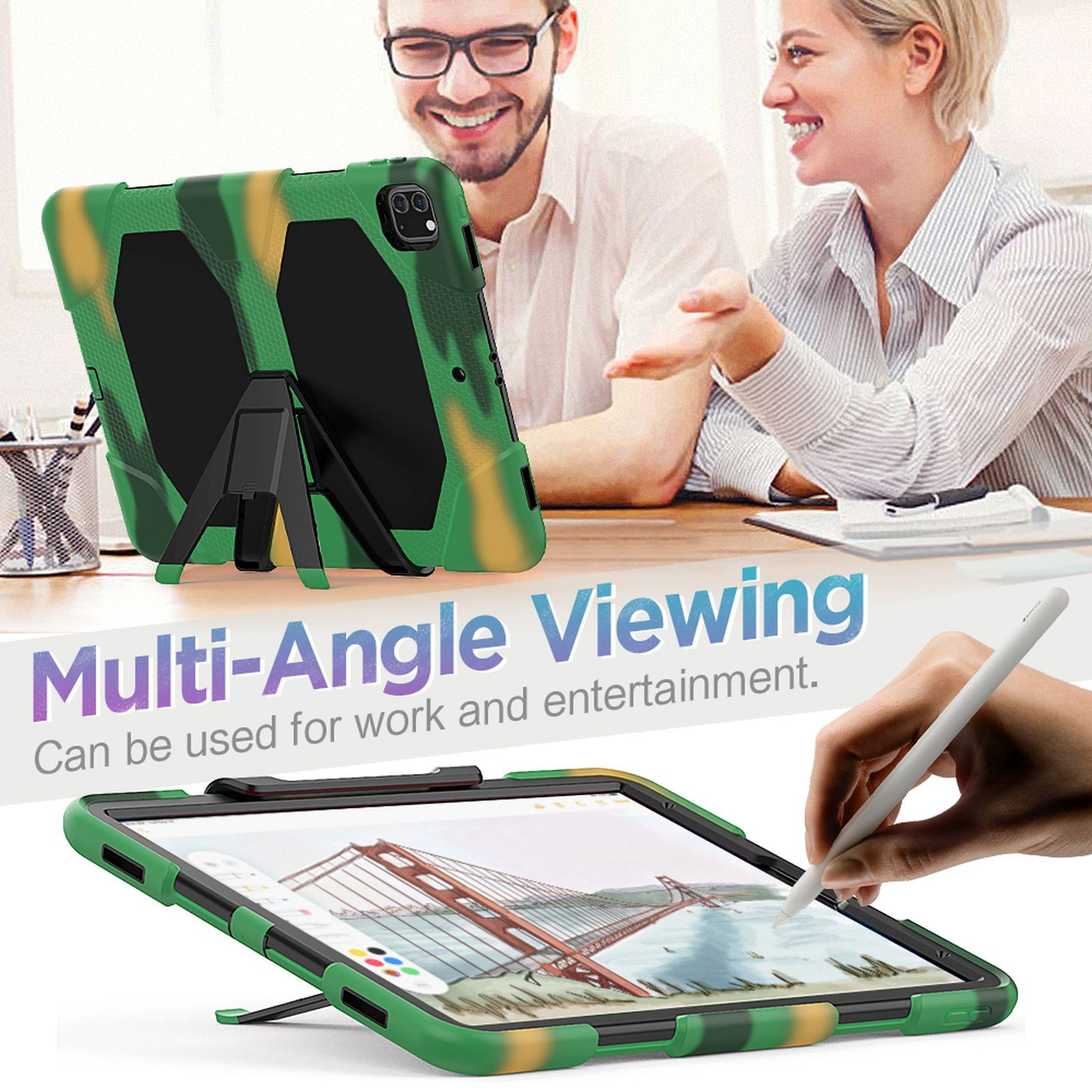 Ein Tablet in einer Camouflage-Hülle mit Ständer. Leute benutzen es, ein Stift zeigt auf den Bildschirm.
