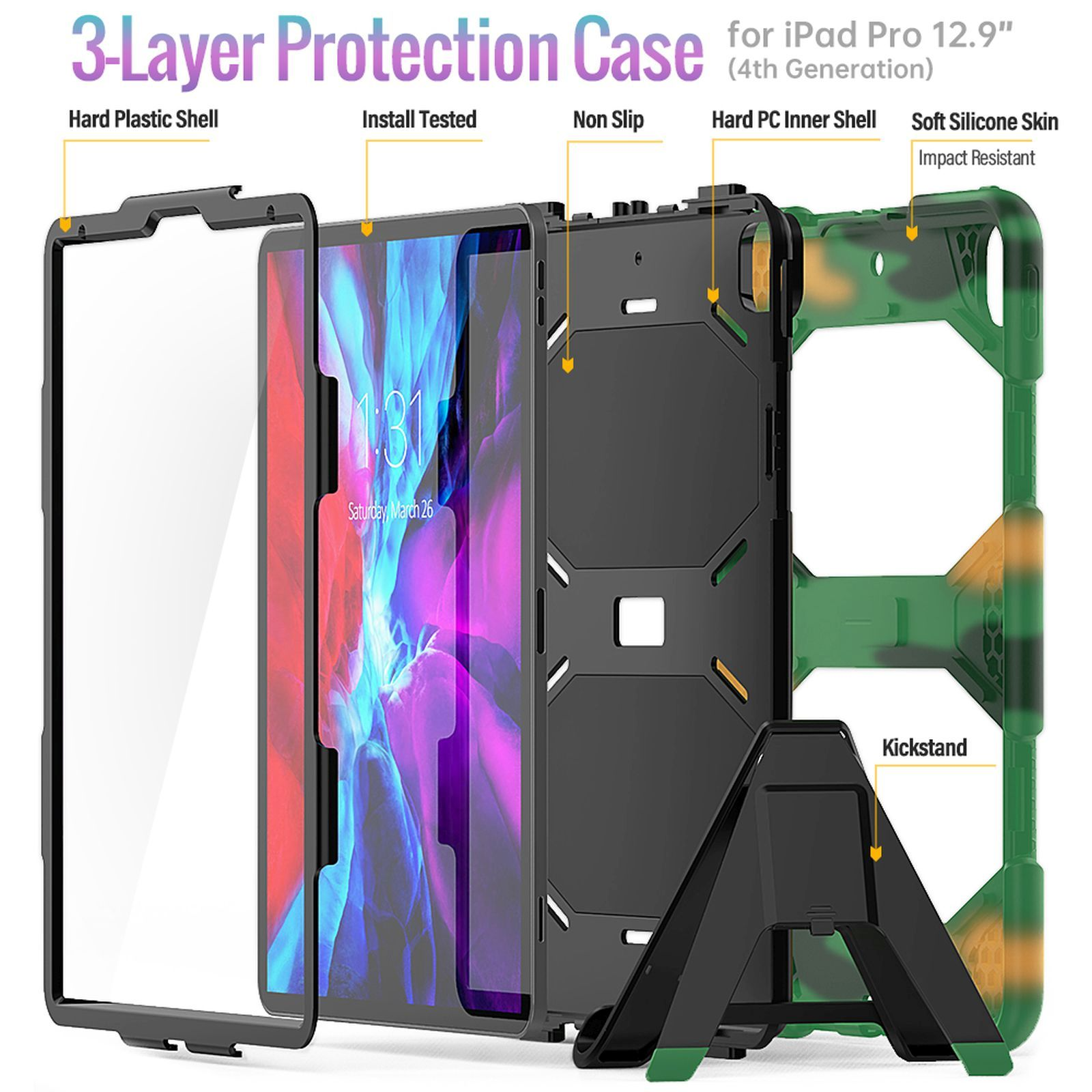 Eine 3-lagige iPad-Hülle wird zerlegt gezeigt. Enthält eine Hartplastikschale, eine harte PC-Innenschale und eine weiche Silikonhaut.