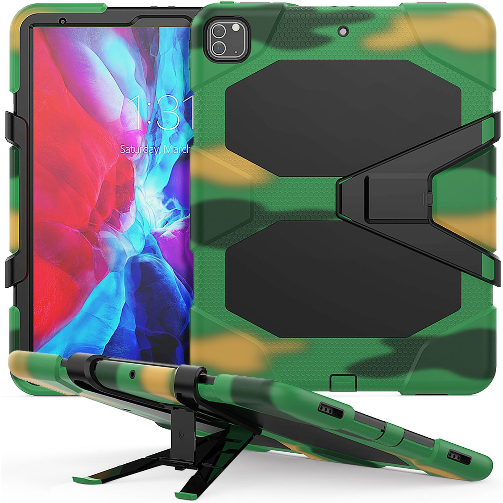 Eine grüne und Tarnfarbene iPad-Hülle, aufrecht stehend mit einem Ständer, zeigt Kamera und Logo.