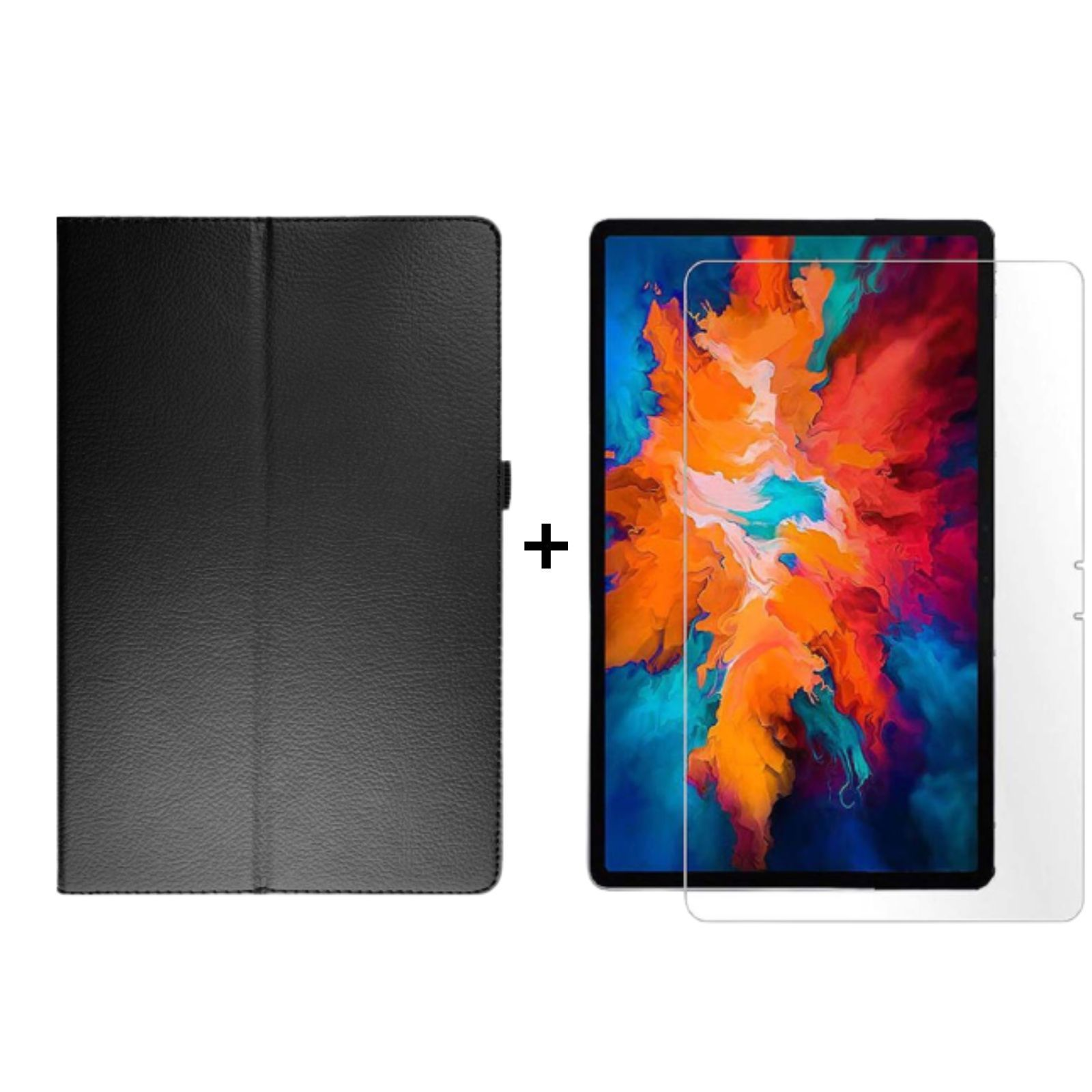 Schwarzes Tablet und Hülle neben einem Displayschutz und Pluszeichen auf weißem Hintergrund.