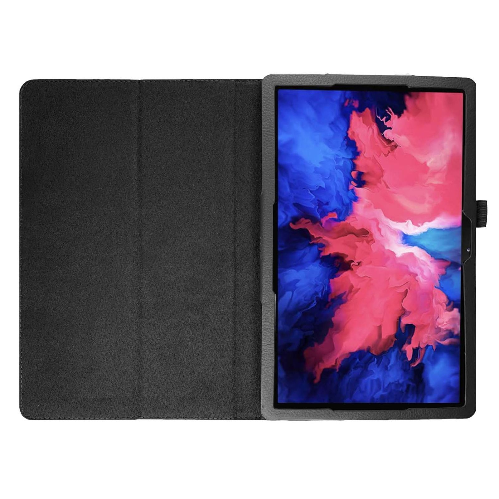 Ein offenes schwarzes Tablett-Etui mit einem Tablet darin. Der Tablet-Bildschirm zeigt ein farbenfrohes abstraktes Design.