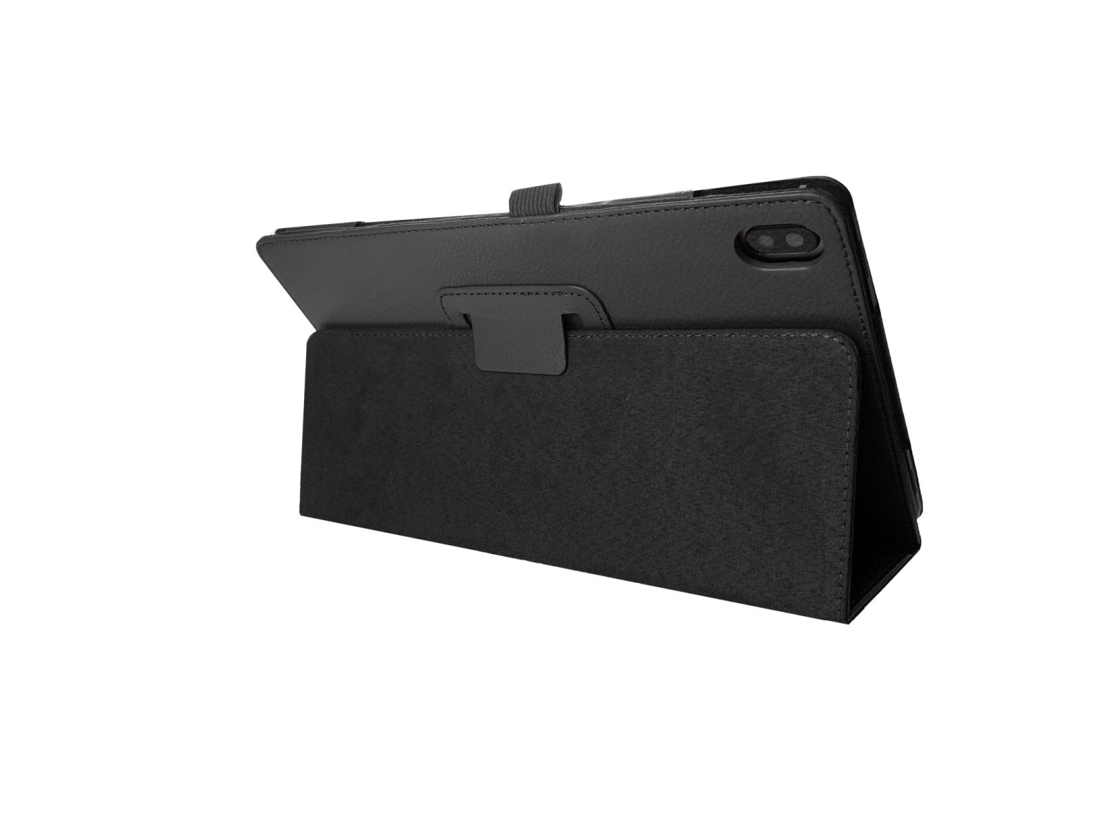 Schwarze Tablet-Hülle, offen, mit Tablet, schräge Ansicht.